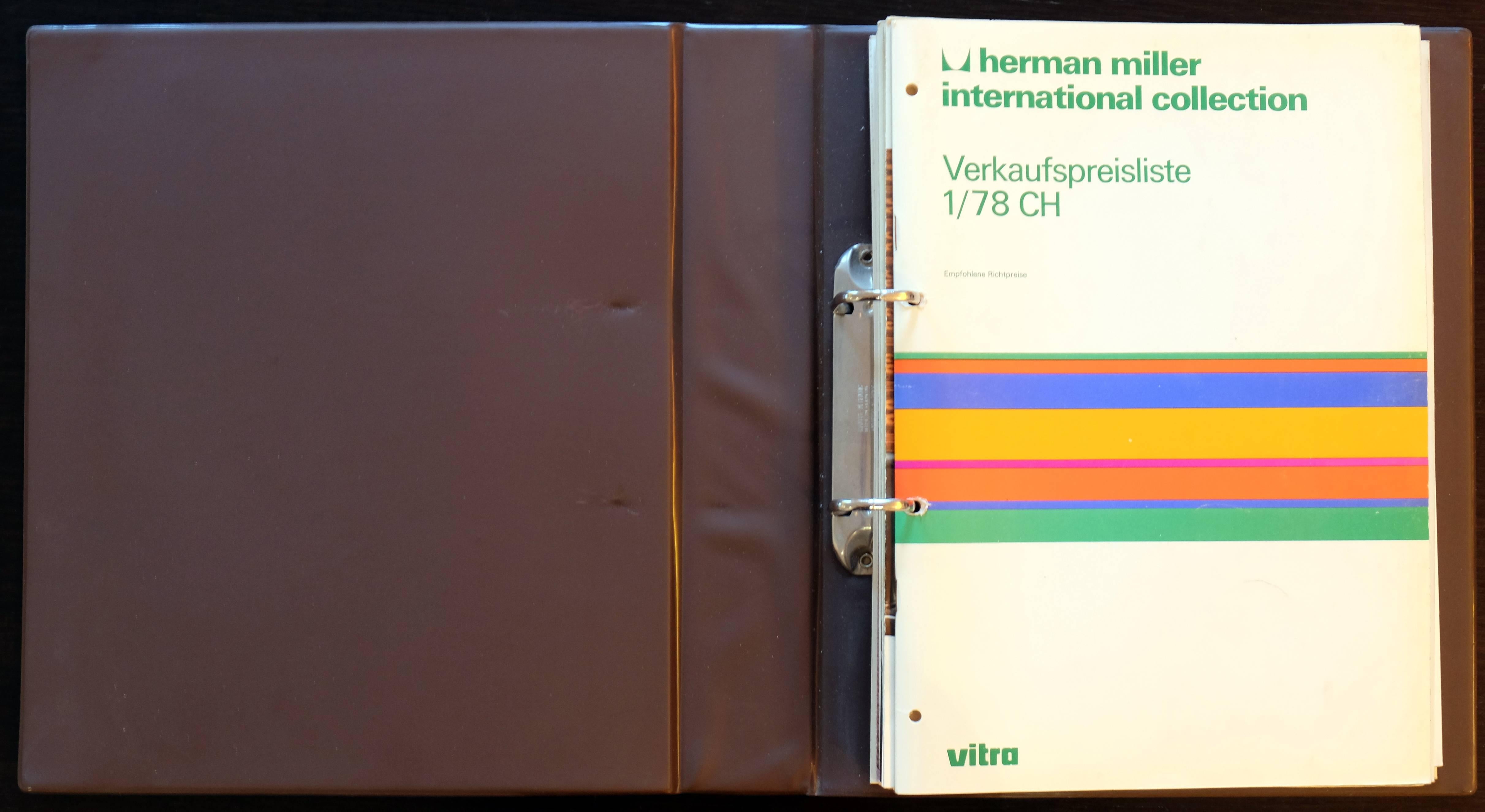 Rare Herman Miller International Collection and Vitra 1978 Dealer's catalogue
With 1978 price list in Swiss franc
Including the monthly magazines with cool pictures of the time
Texts in German, French and English

A must have for collector.