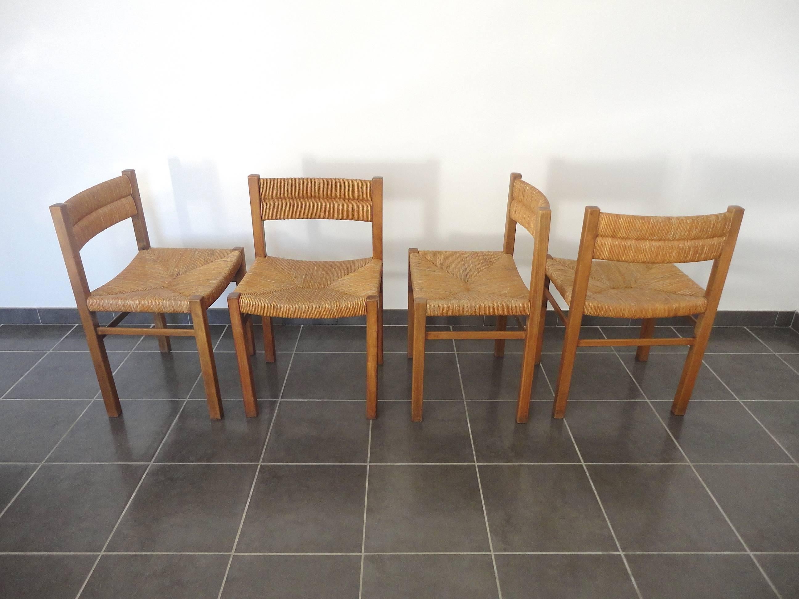 Mid-Century Modern Documented French Rush Dining Chairs by Pierre Gautier-Delaye, 1954, Set of Four