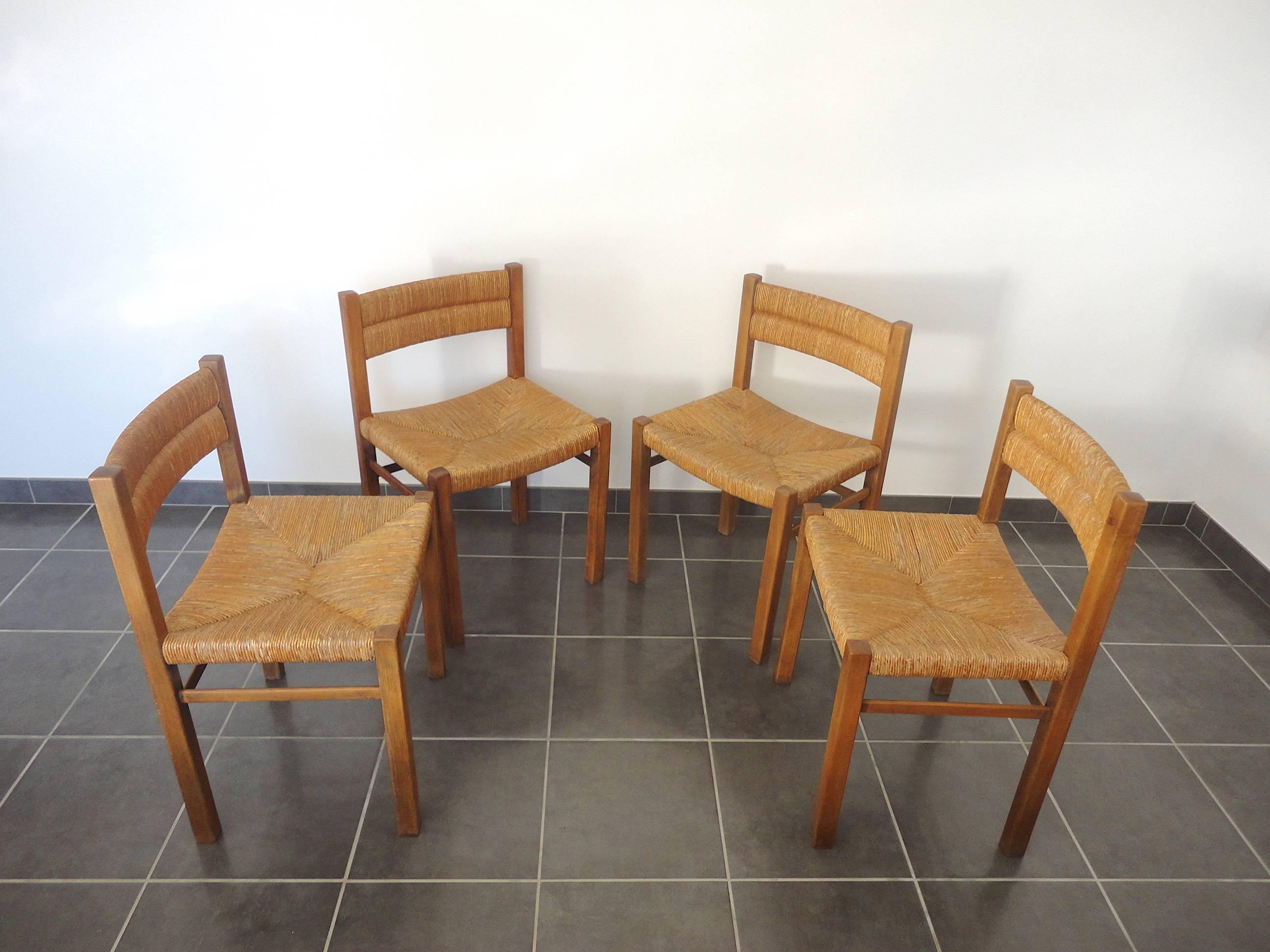 Documented French Rush Dining Chairs by Pierre Gautier-Delaye, 1954, Set of Four In Excellent Condition In La Teste De Buch, FR
