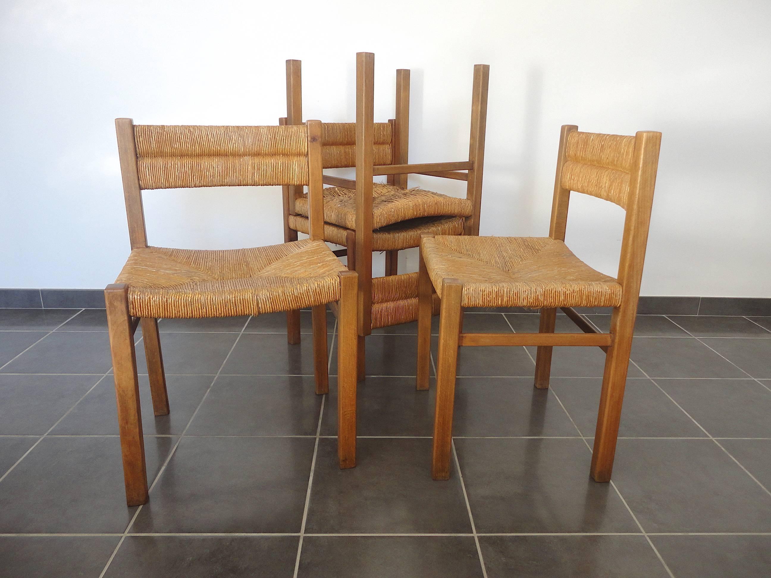 Mid-20th Century Documented French Rush Dining Chairs by Pierre Gautier-Delaye, 1954, Set of Four