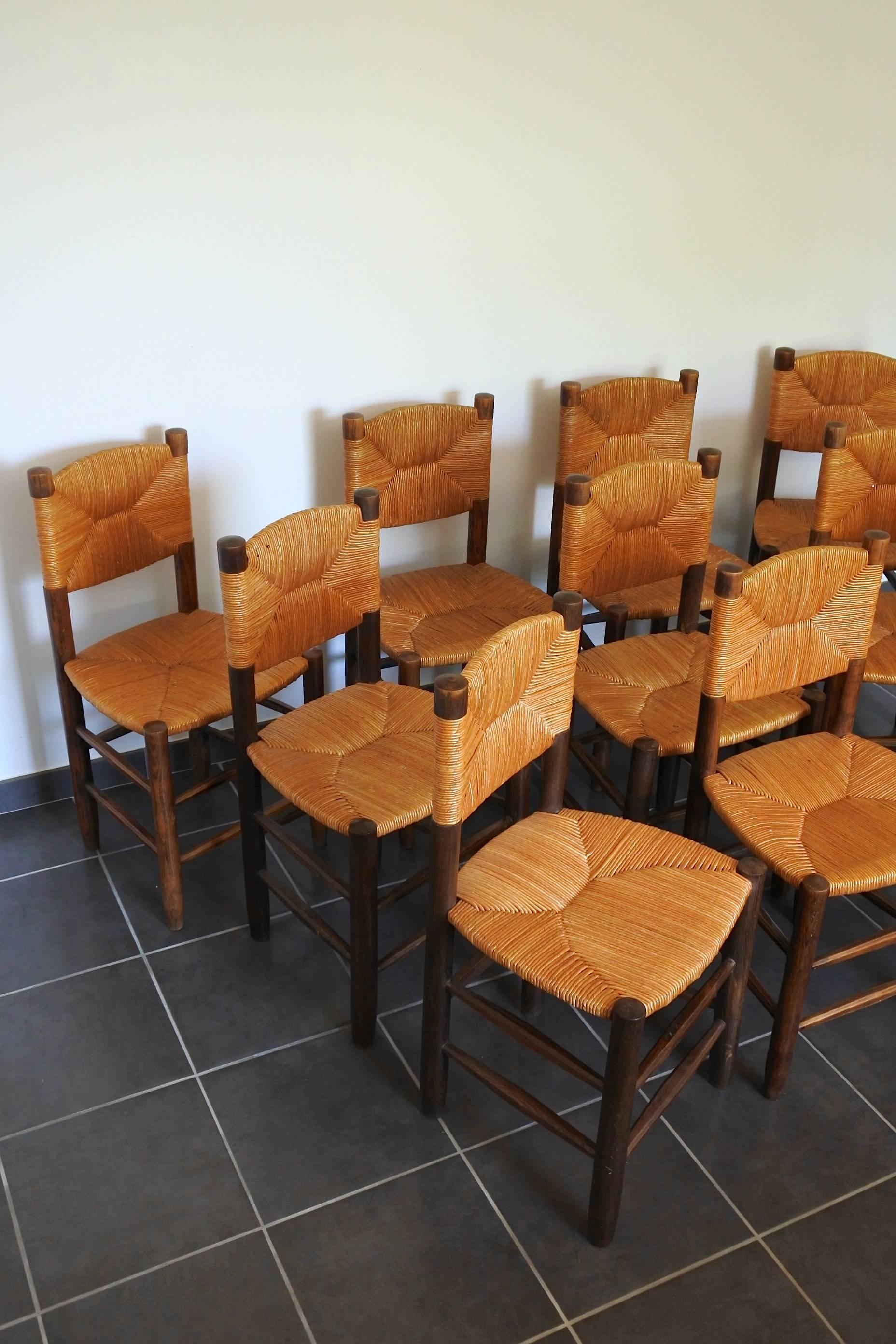 French Charlotte Perriand Set of Ten Bauche Dining Chairs, France, 1950s