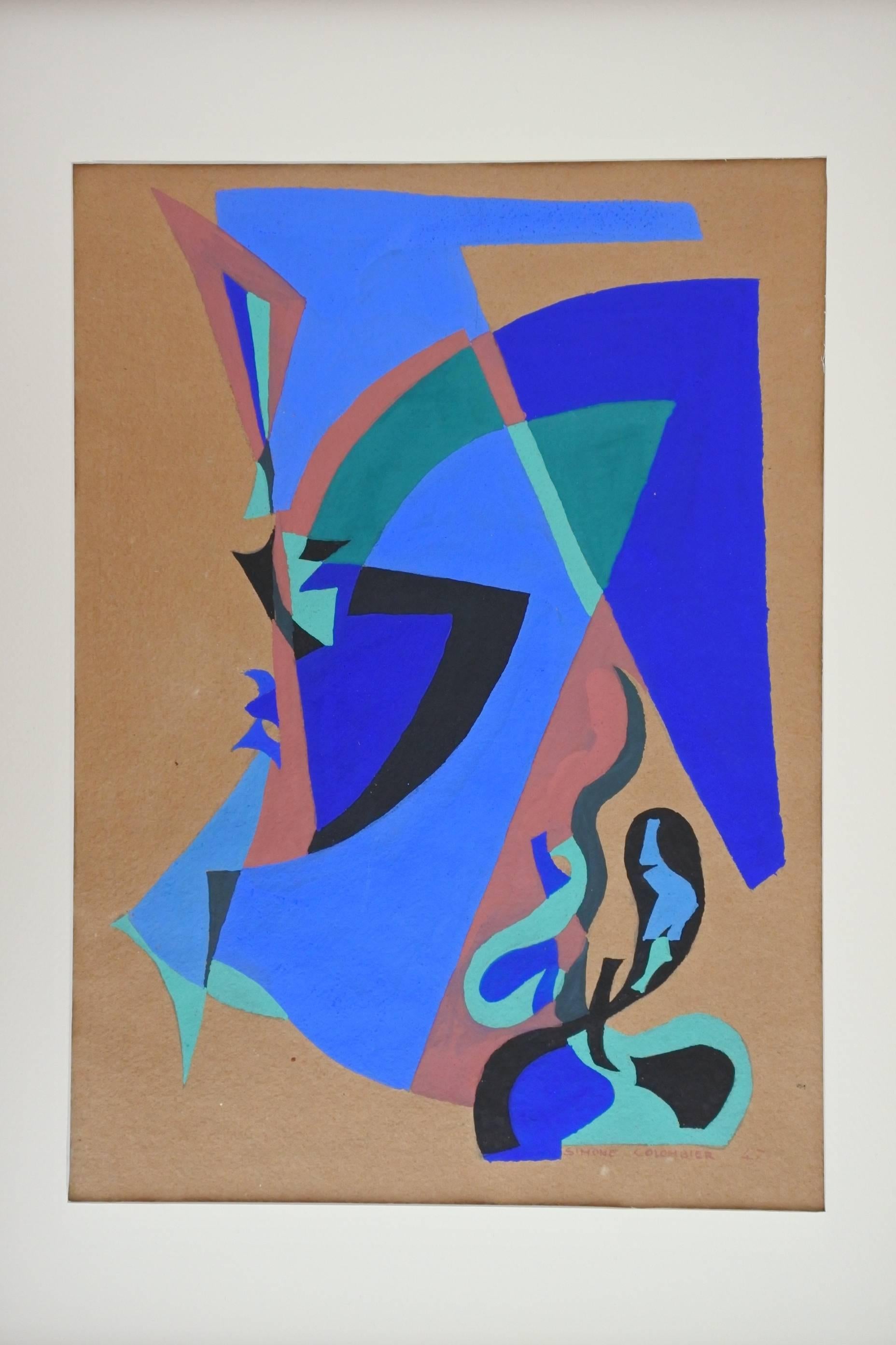 Framed abstract gouache on paper by French painter Simone Colombier.
Signed and dated 1947.
Simone Colombier took part of the abstract movement in Bordeaux, France in the mid-1940s. She exhibited her painted at various Art show (Salon des Réalités