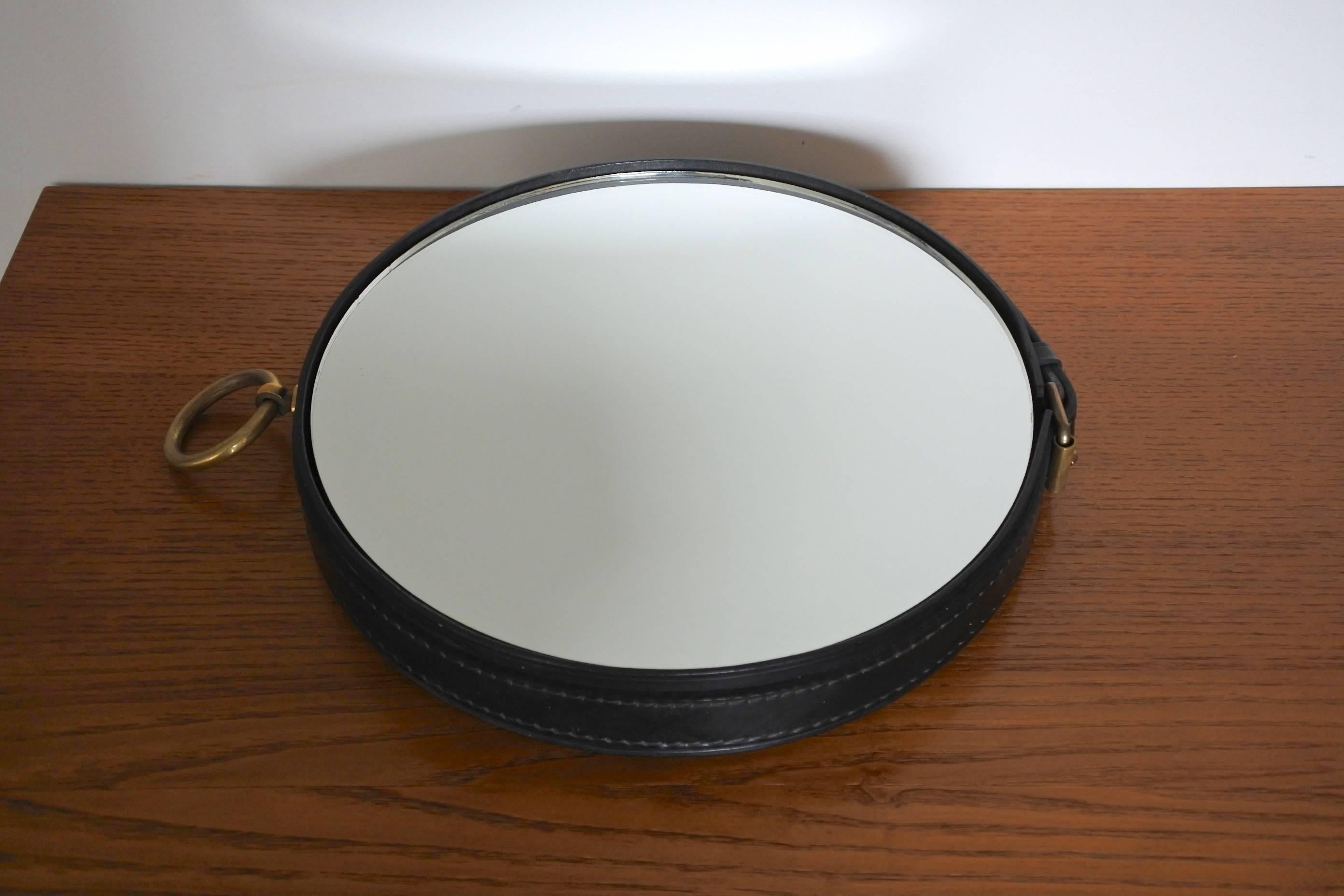 20th Century Midcentury Stitched Leather Wall Mirror Attributed to Jacques Adnet, France 1950