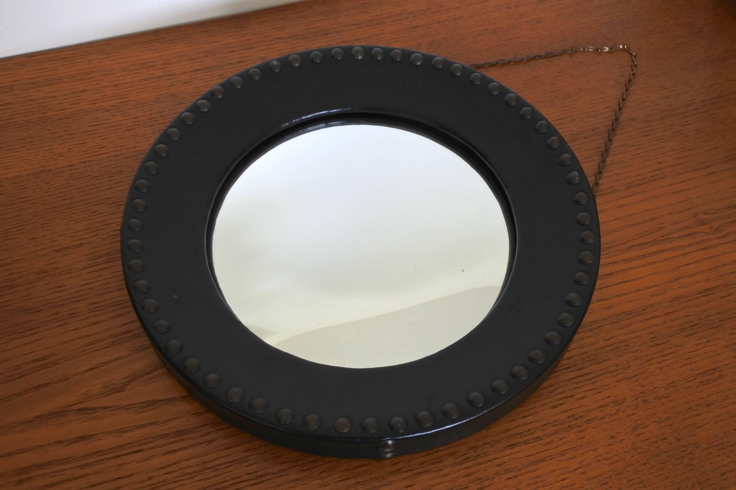20th Century Midcentury Round Wall Convex Mirror in the Manner of Jacques Adnet, France 1950 For Sale