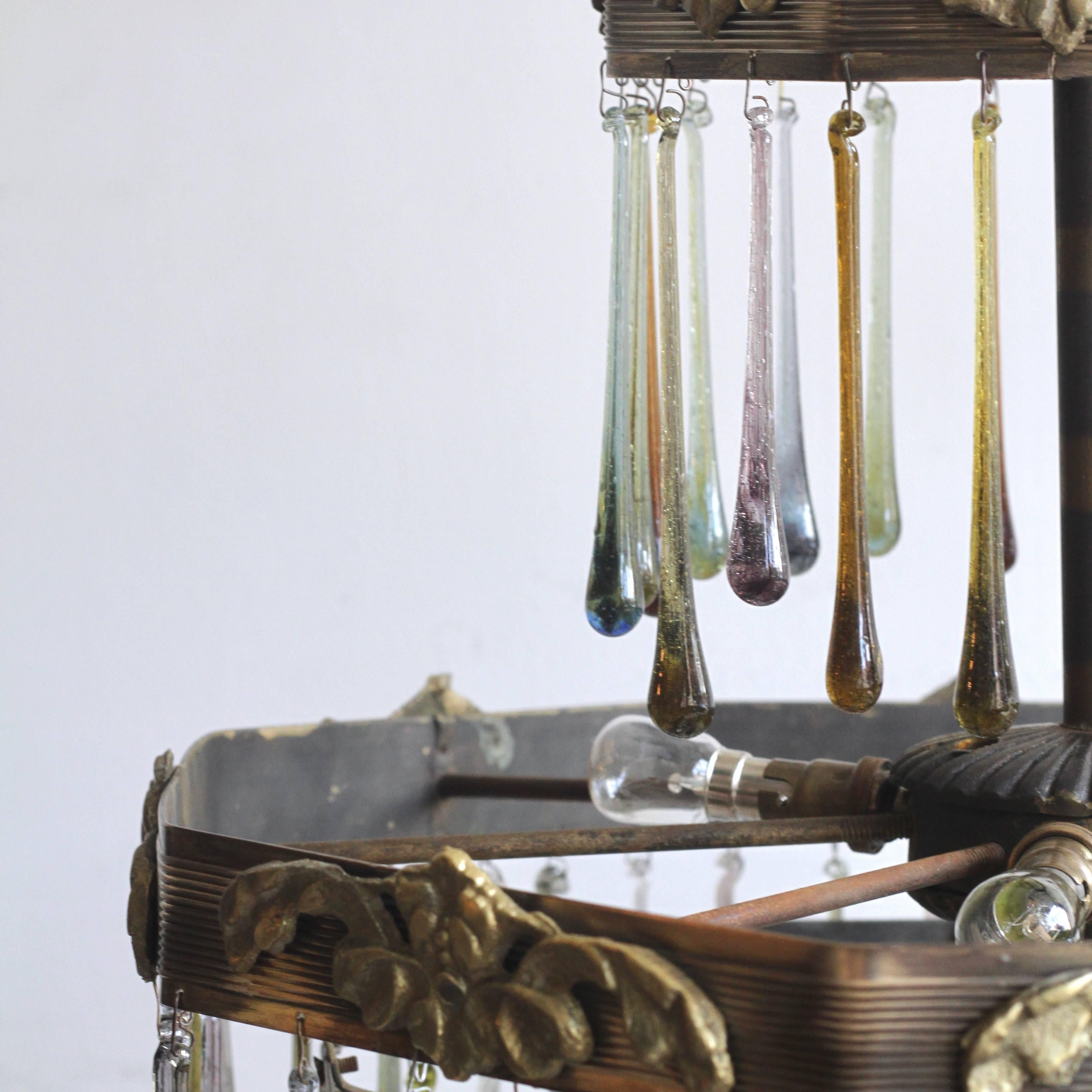 Brass 1920s Waterfall Chandelier with Contemporary Teardrops