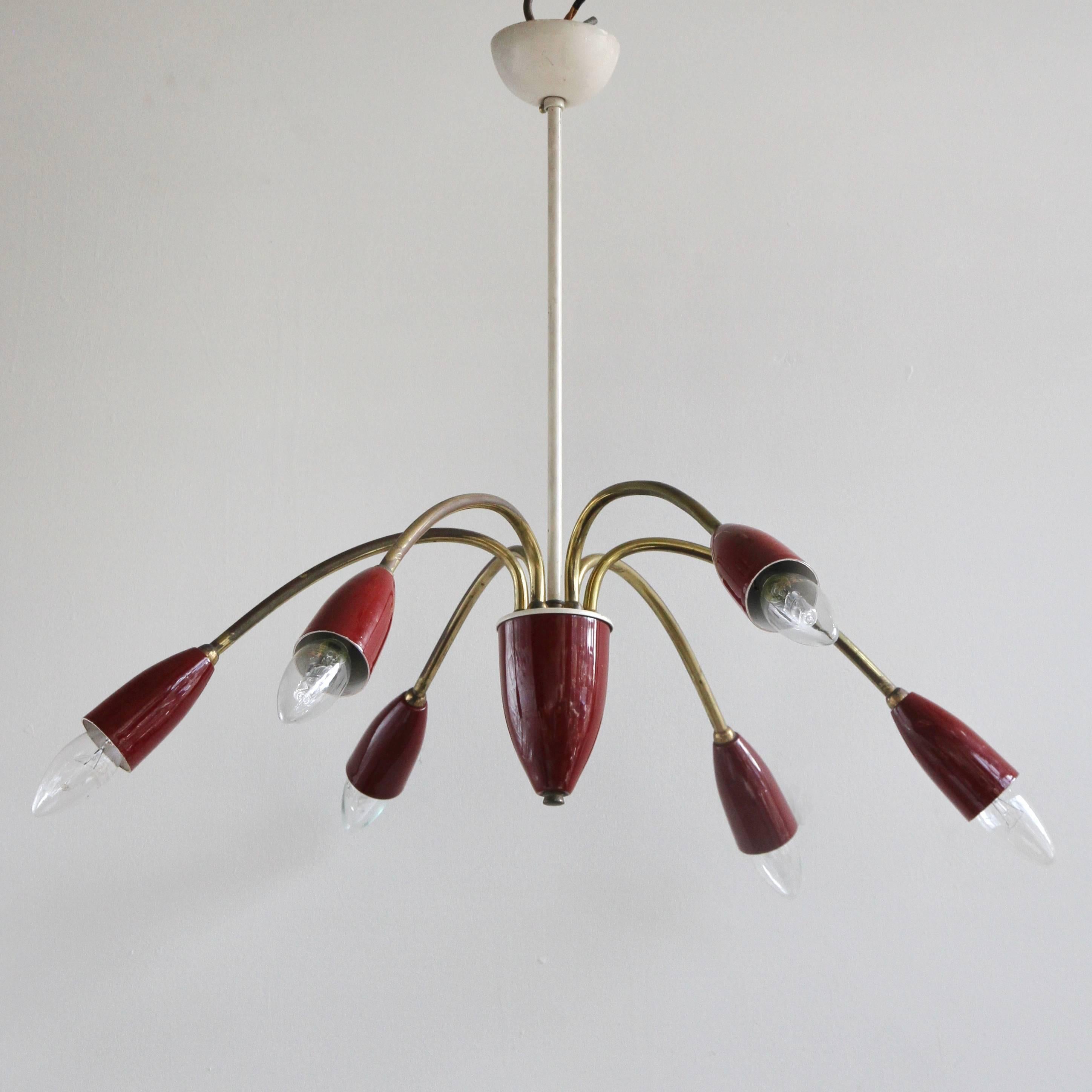 Midcentury French six-arm brass and burgundy pendant. Pendant uses six SES, E14 lamps.