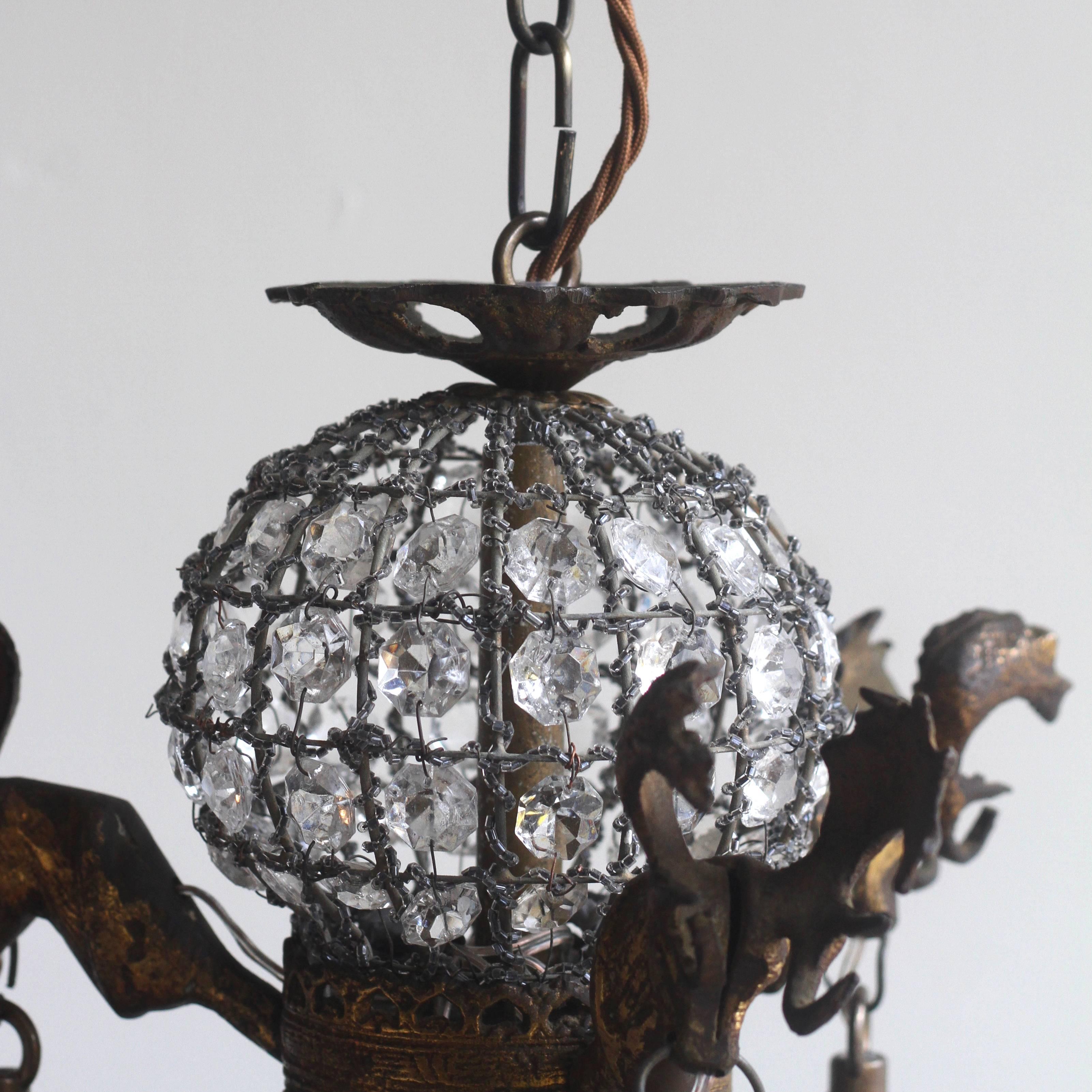 1930s French Brass Empire Balloon Chandelier with Stags Head Sconces 2