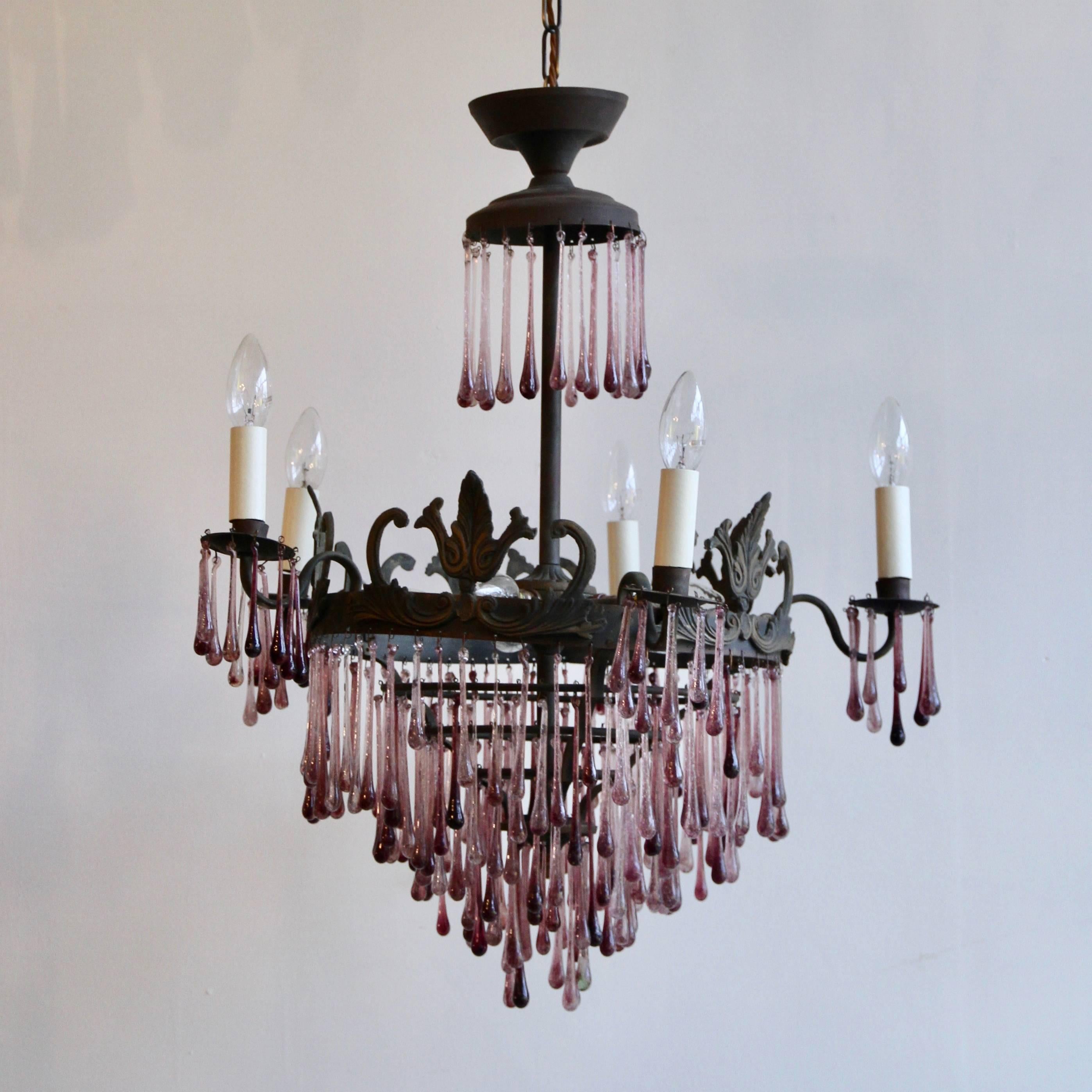 Early 20th Century 1920s French Waterfall Chandelier with Contemporary Amethyst Glass Teardrops