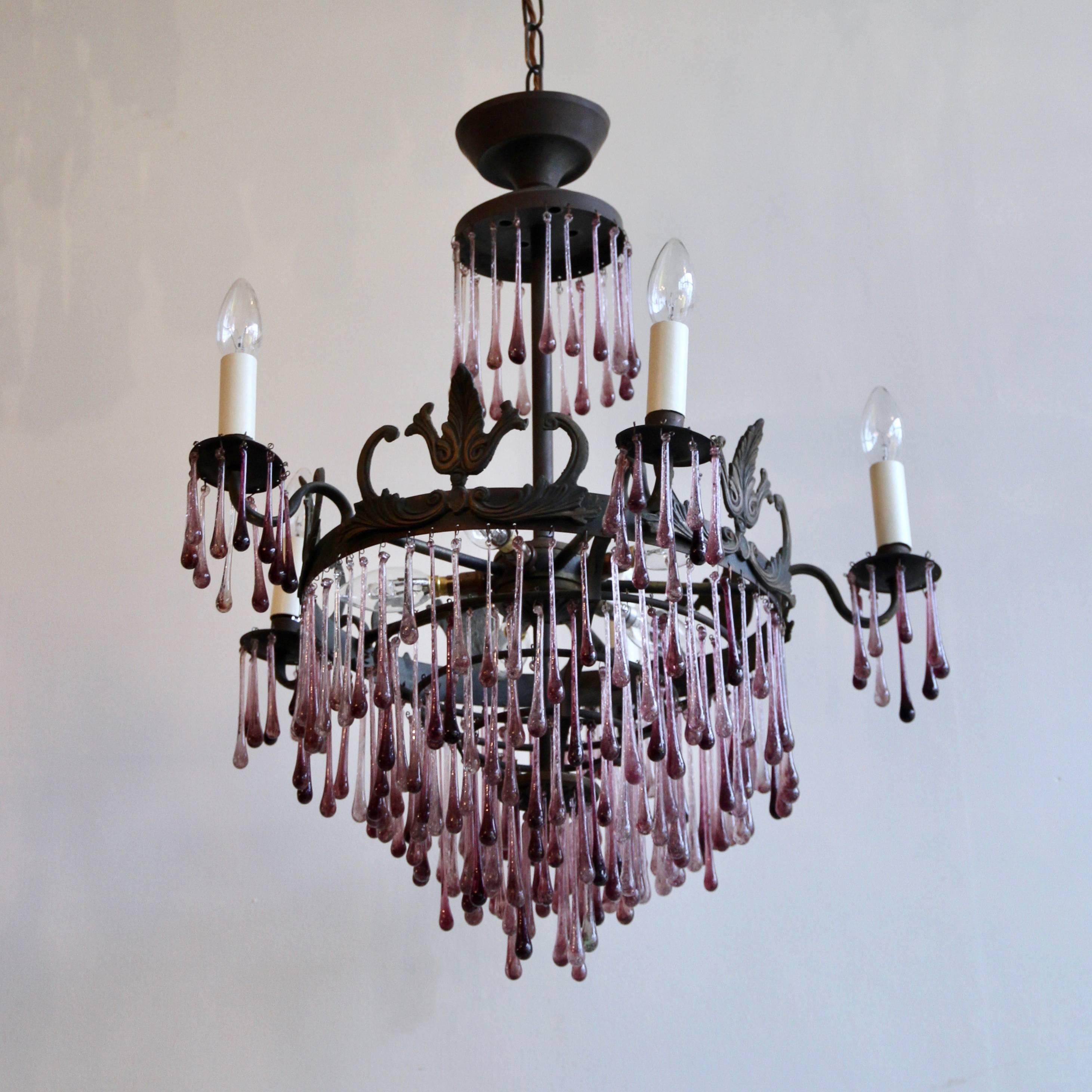 Brass 1920s French Waterfall Chandelier with Contemporary Amethyst Glass Teardrops