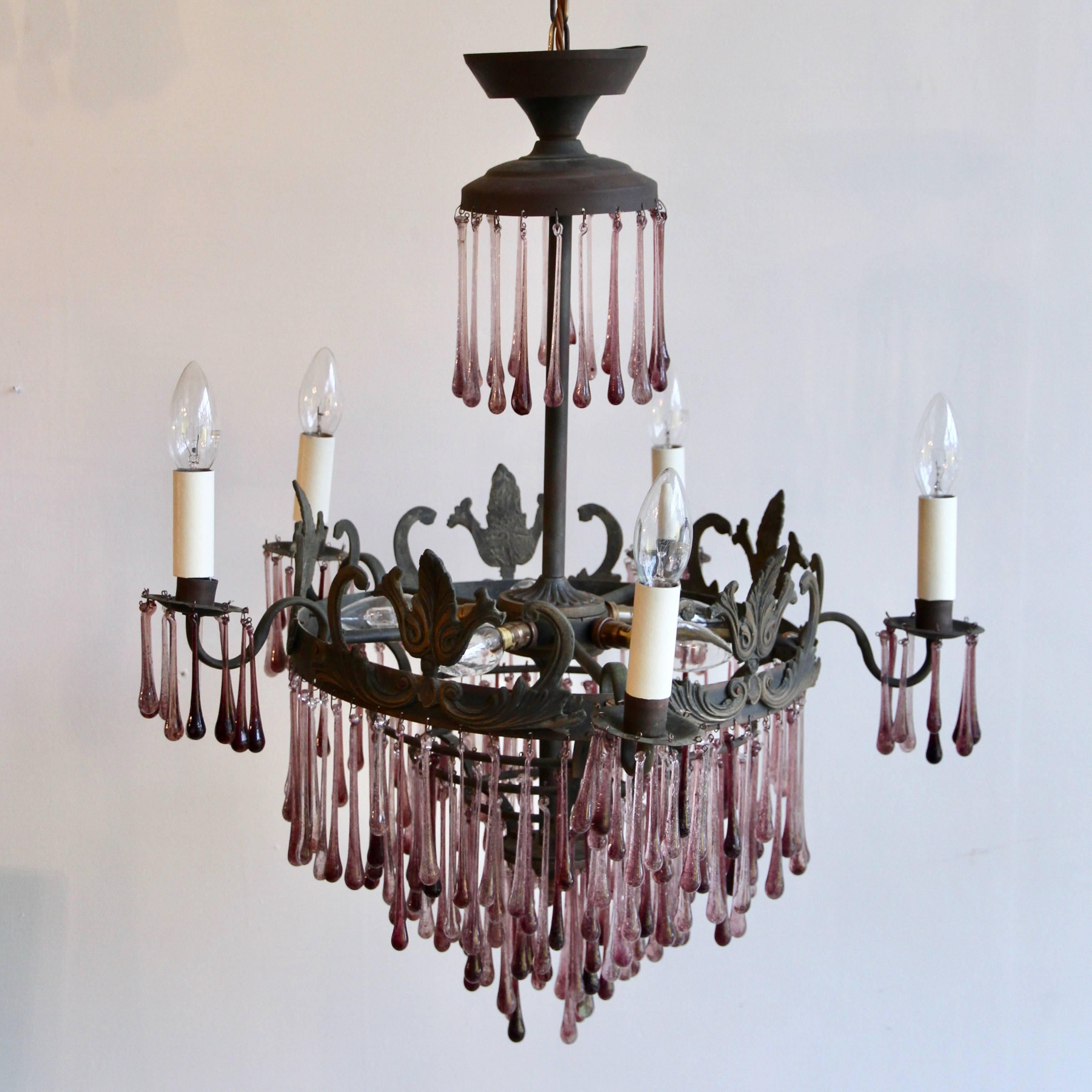 1920s French Waterfall Chandelier with Contemporary Amethyst Glass Teardrops In Good Condition In Stockport, GB