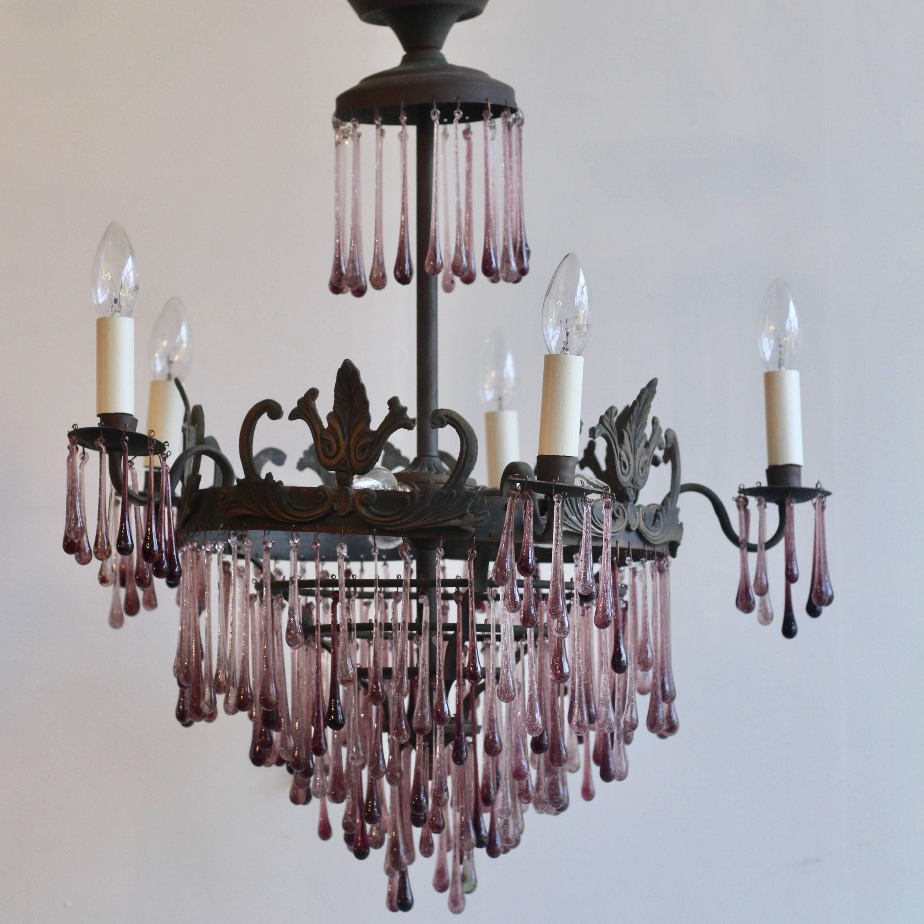 1920s French Waterfall Chandelier with Contemporary Amethyst Glass Teardrops 3