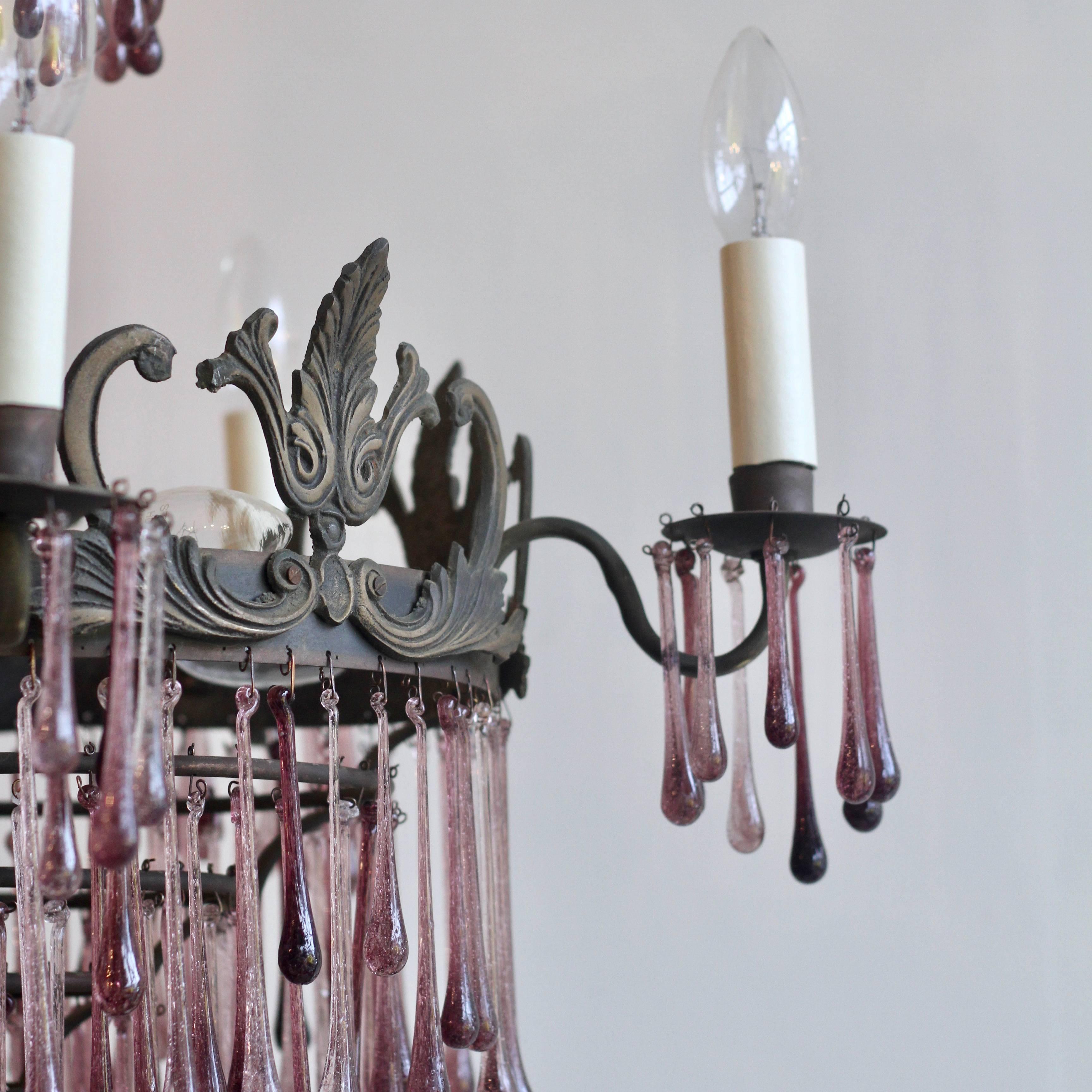 1920s French Waterfall Chandelier with Contemporary Amethyst Glass Teardrops 1