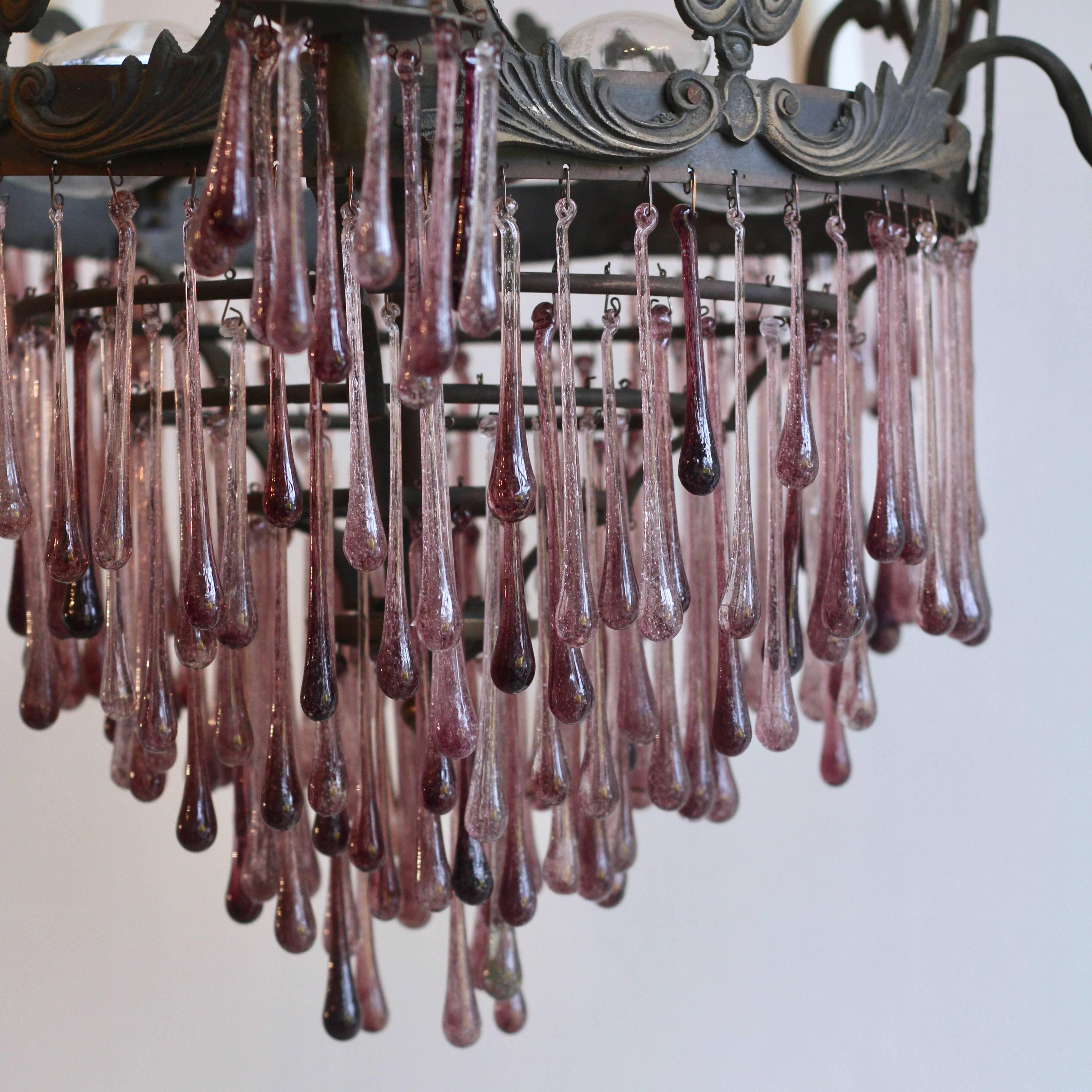 1920s French Waterfall Chandelier with Contemporary Amethyst Glass Teardrops 2