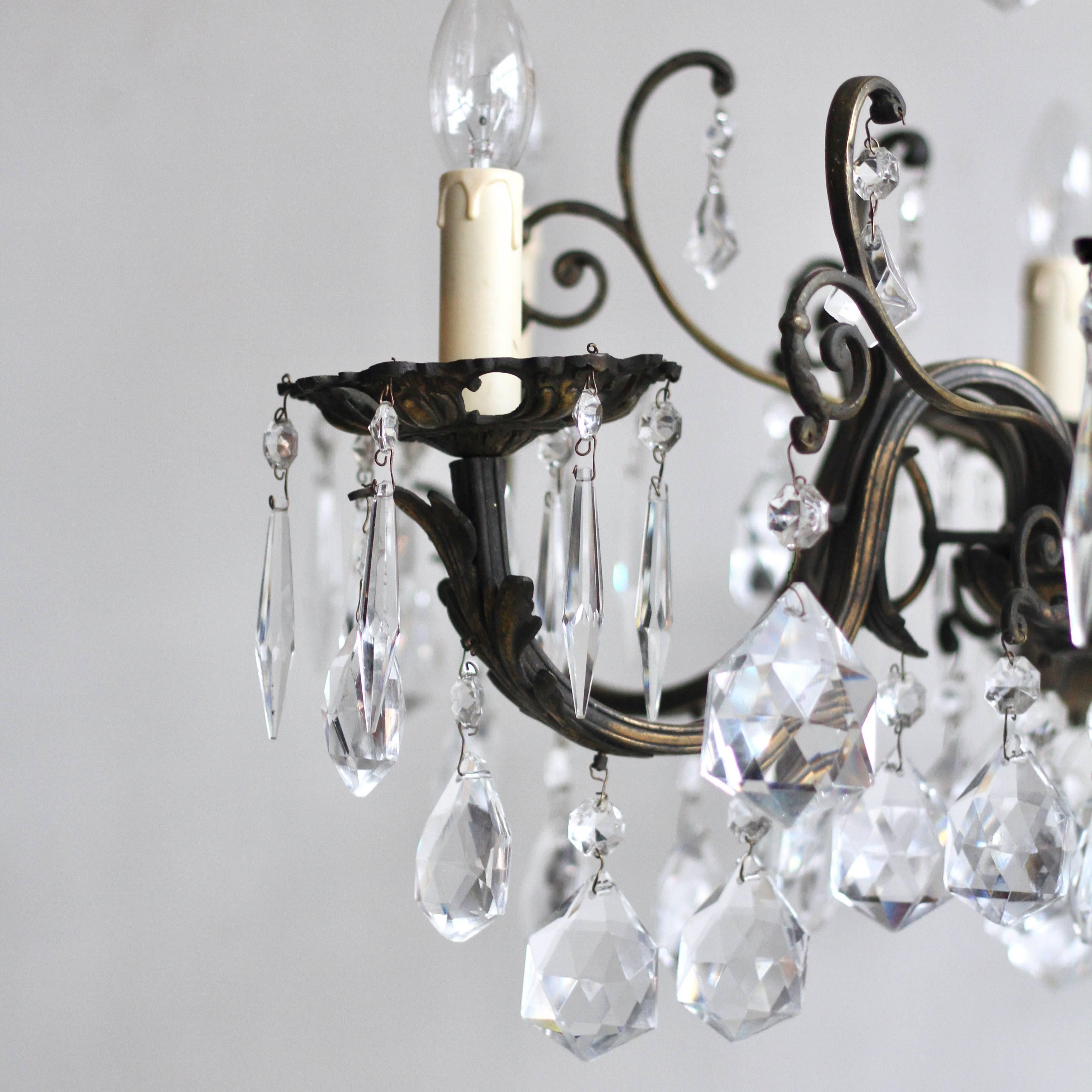 20th Century 1920s French Heavy Cast Brass Chandelier Dressed in Crystal Drops