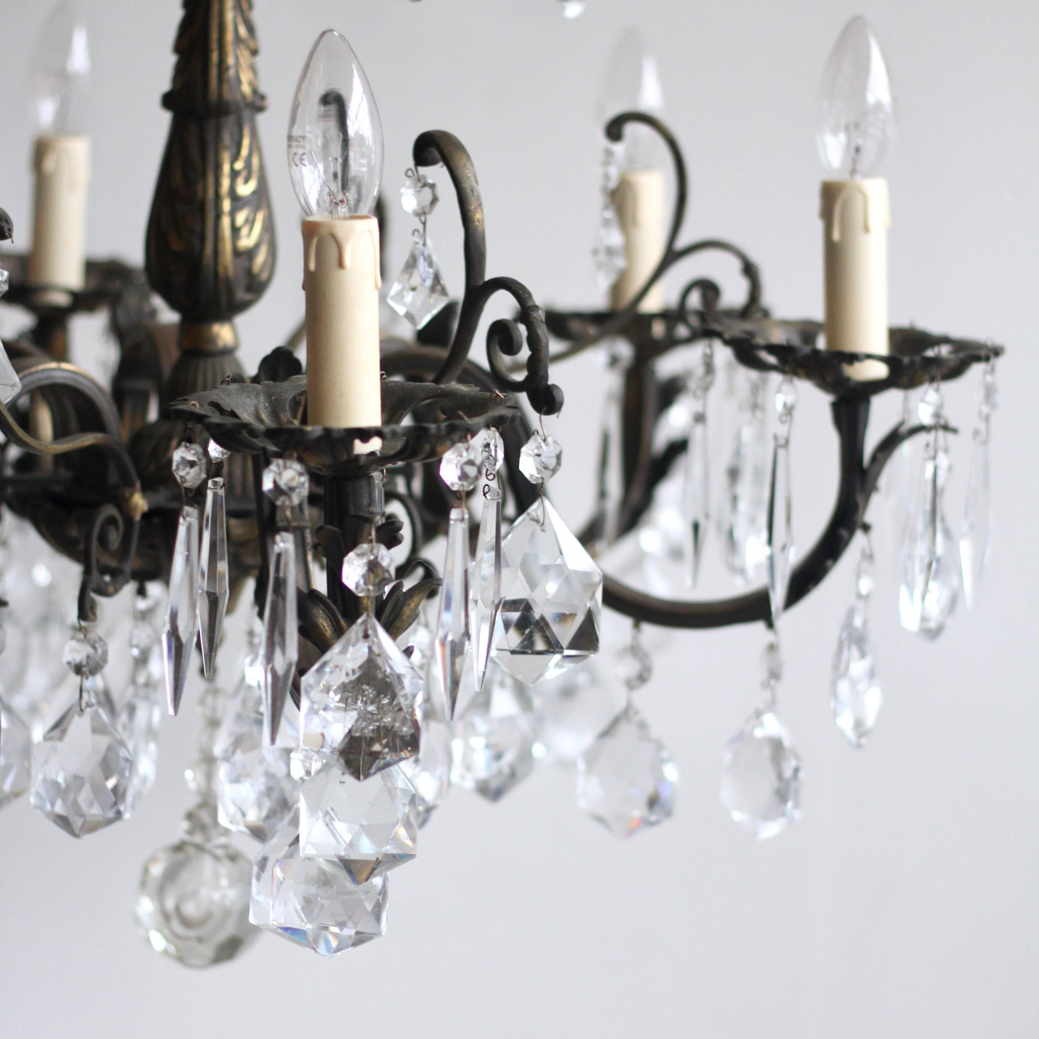 1920s French Heavy Cast Brass Chandelier Dressed in Crystal Drops 4