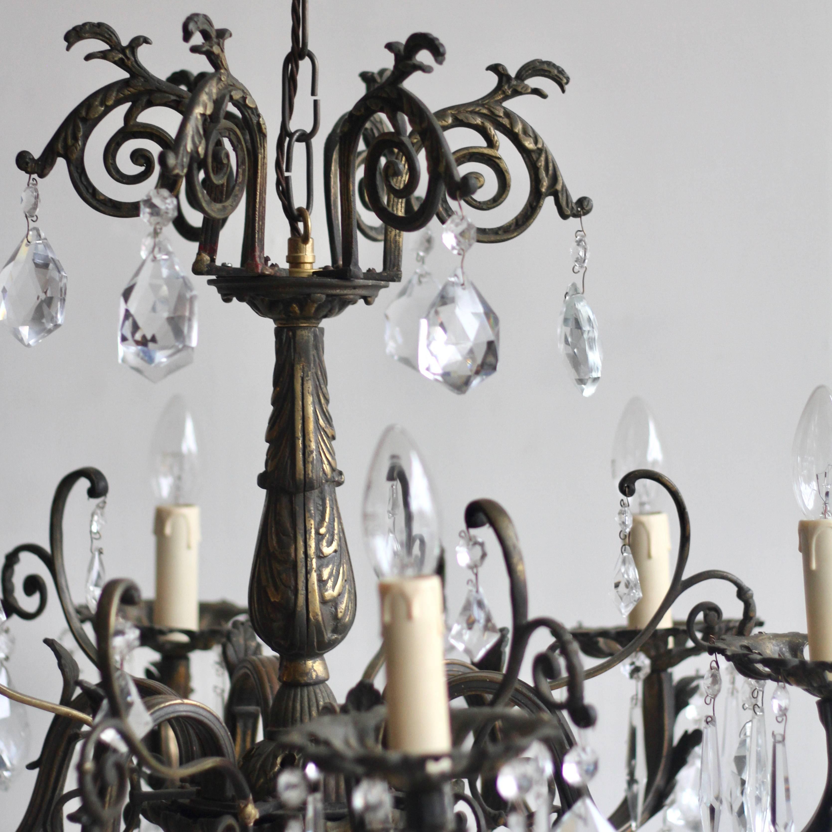 1920s French Heavy Cast Brass Chandelier Dressed in Crystal Drops 5