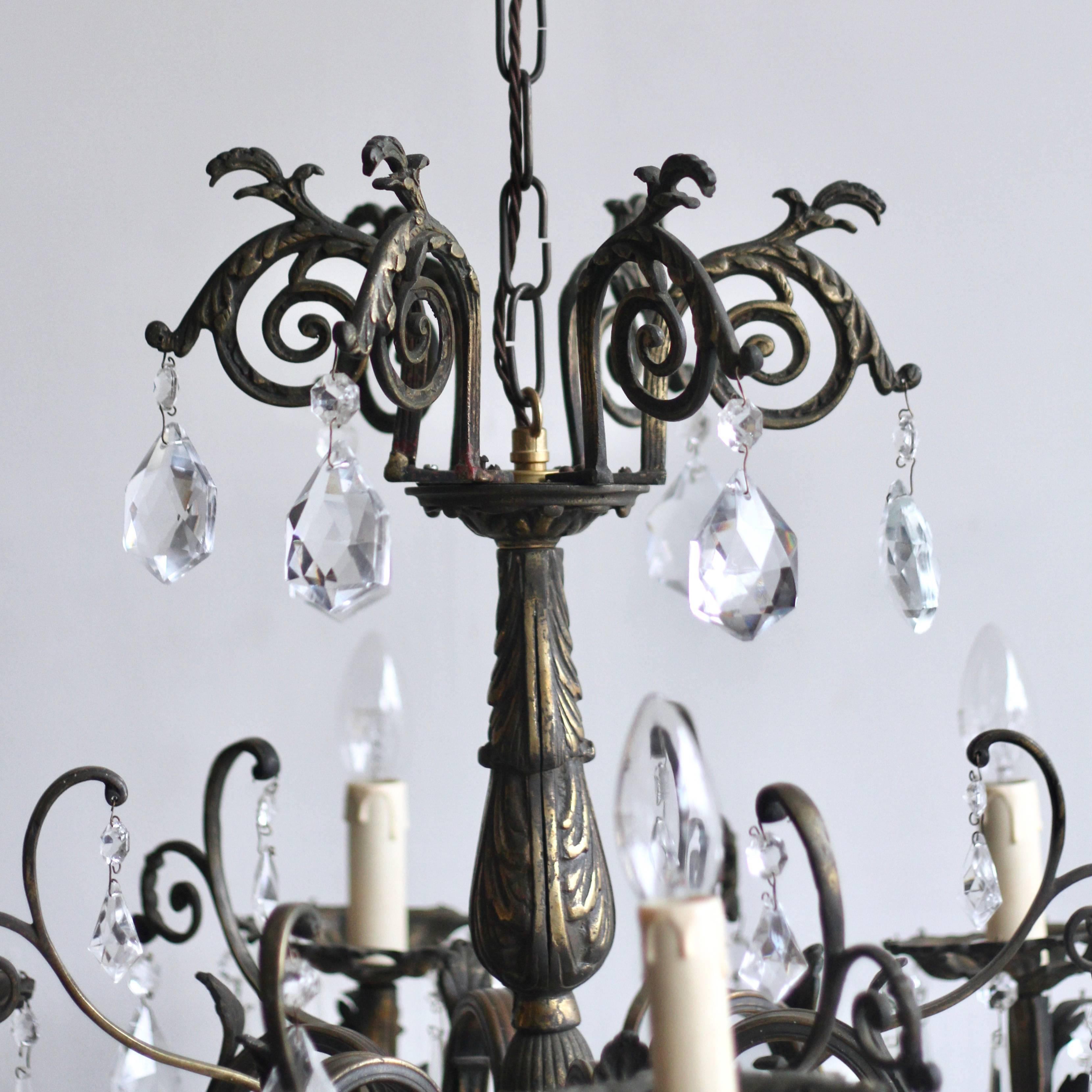 1920s French Heavy Cast Brass Chandelier Dressed in Crystal Drops 2