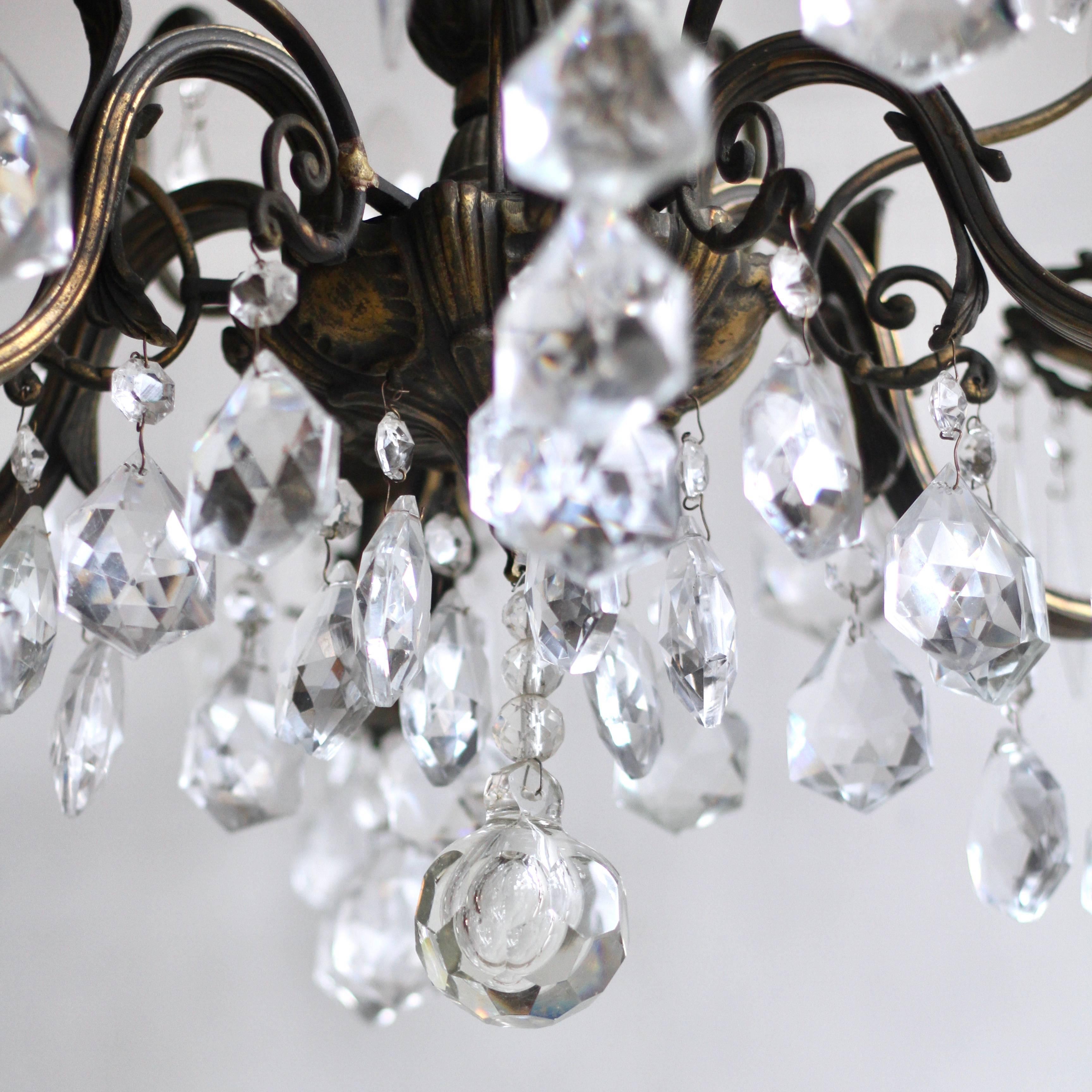 1920s French Heavy Cast Brass Chandelier Dressed in Crystal Drops 1