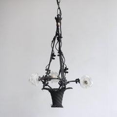 French Early 1900s Handmade Wrought Iron Floral Basket Chandelier