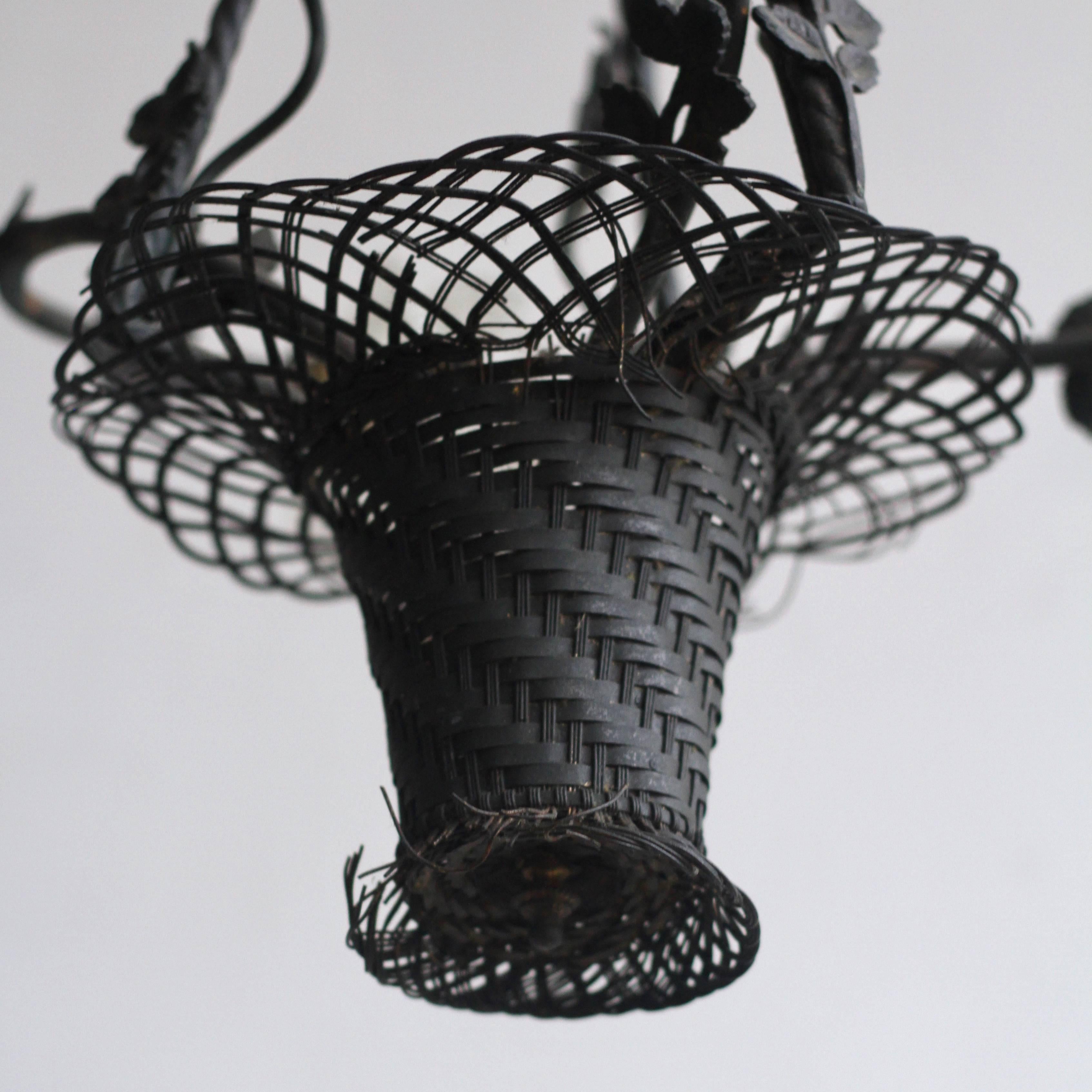 French Early 1900s Handmade Wrought Iron Floral Basket Chandelier For Sale 2