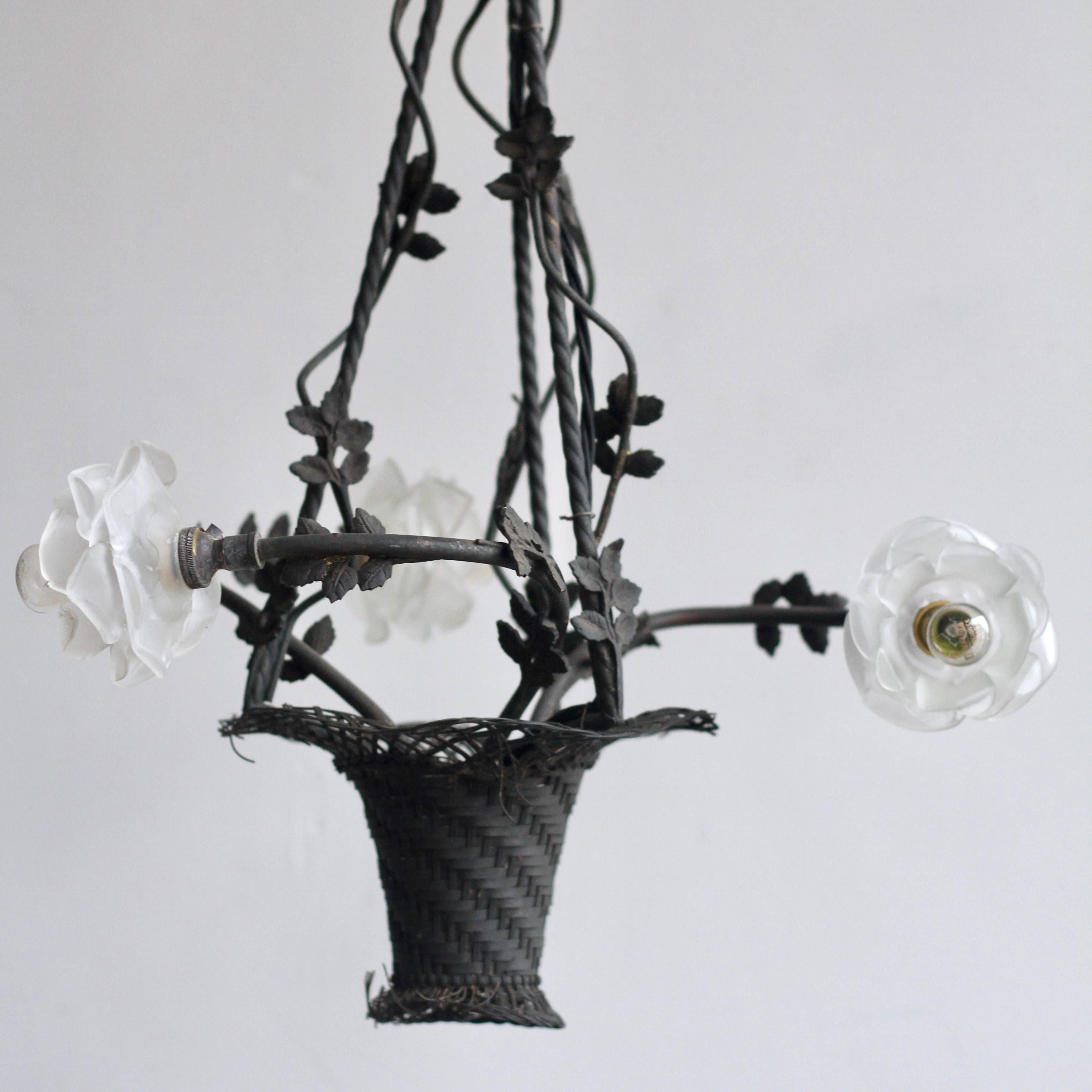 French Early 1900s Handmade Wrought Iron Floral Basket Chandelier In Fair Condition For Sale In Stockport, GB