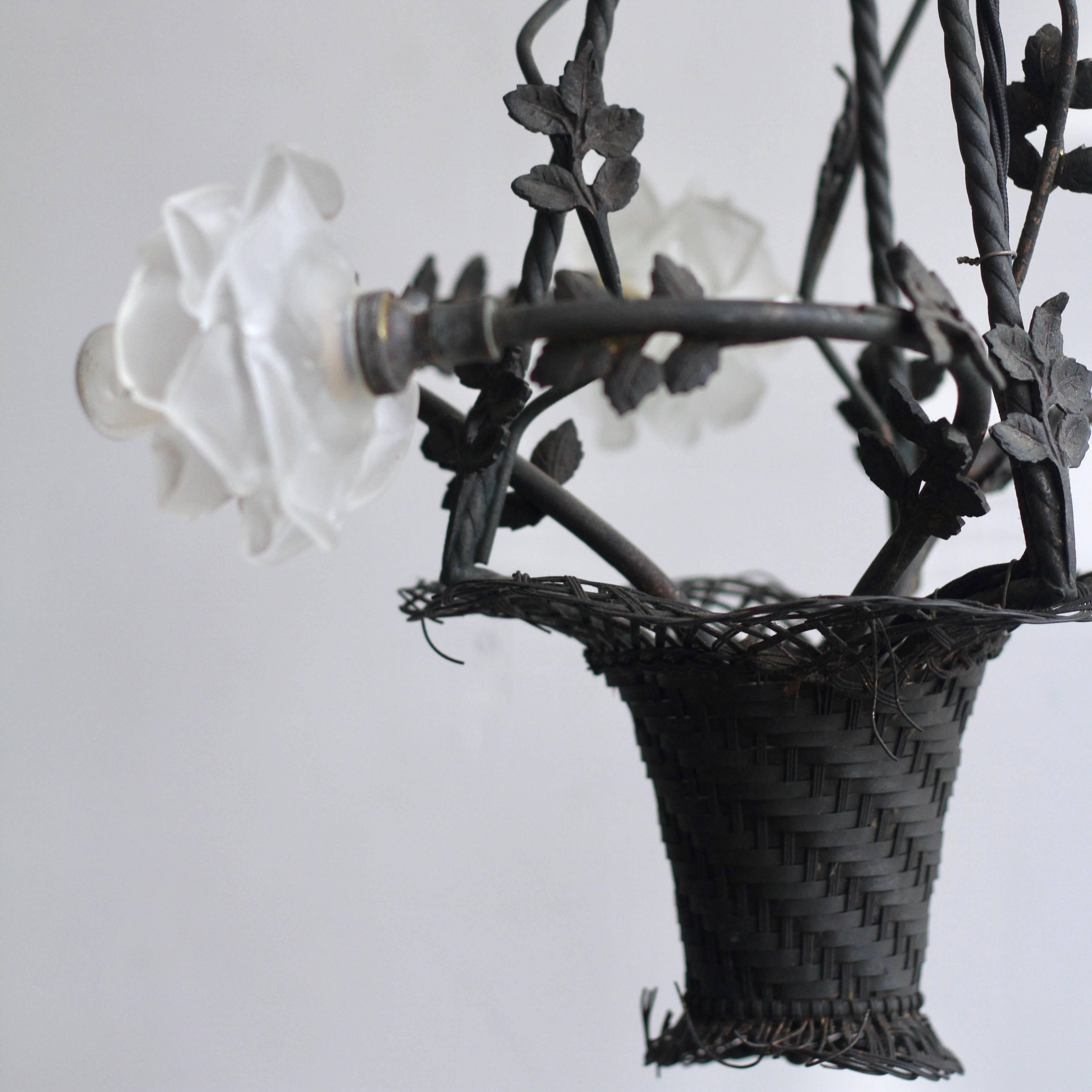 French Early 1900s Handmade Wrought Iron Floral Basket Chandelier For Sale 1