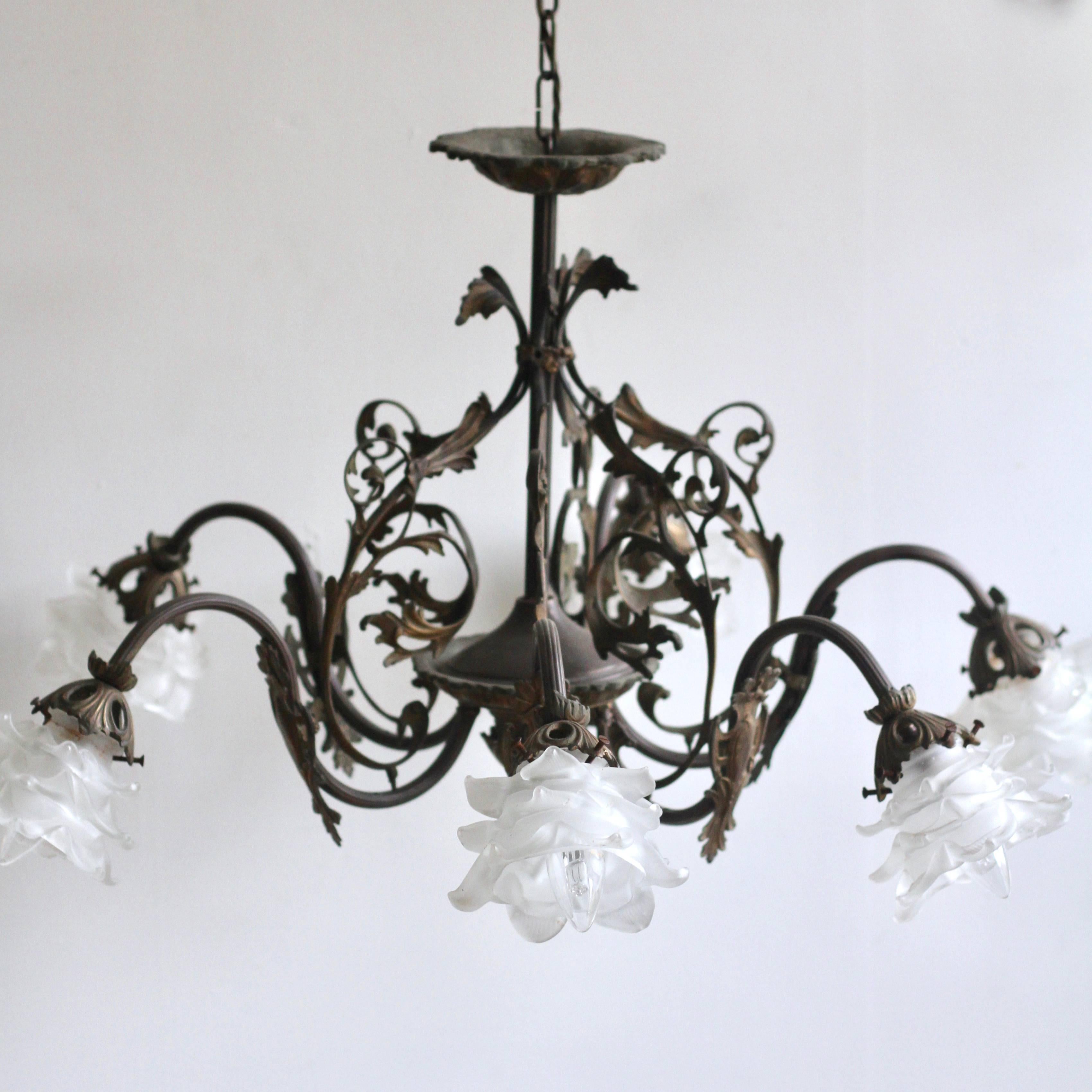 French 1920s Decorative Brass Downlighter Chandelier with Frosted Floral Shades