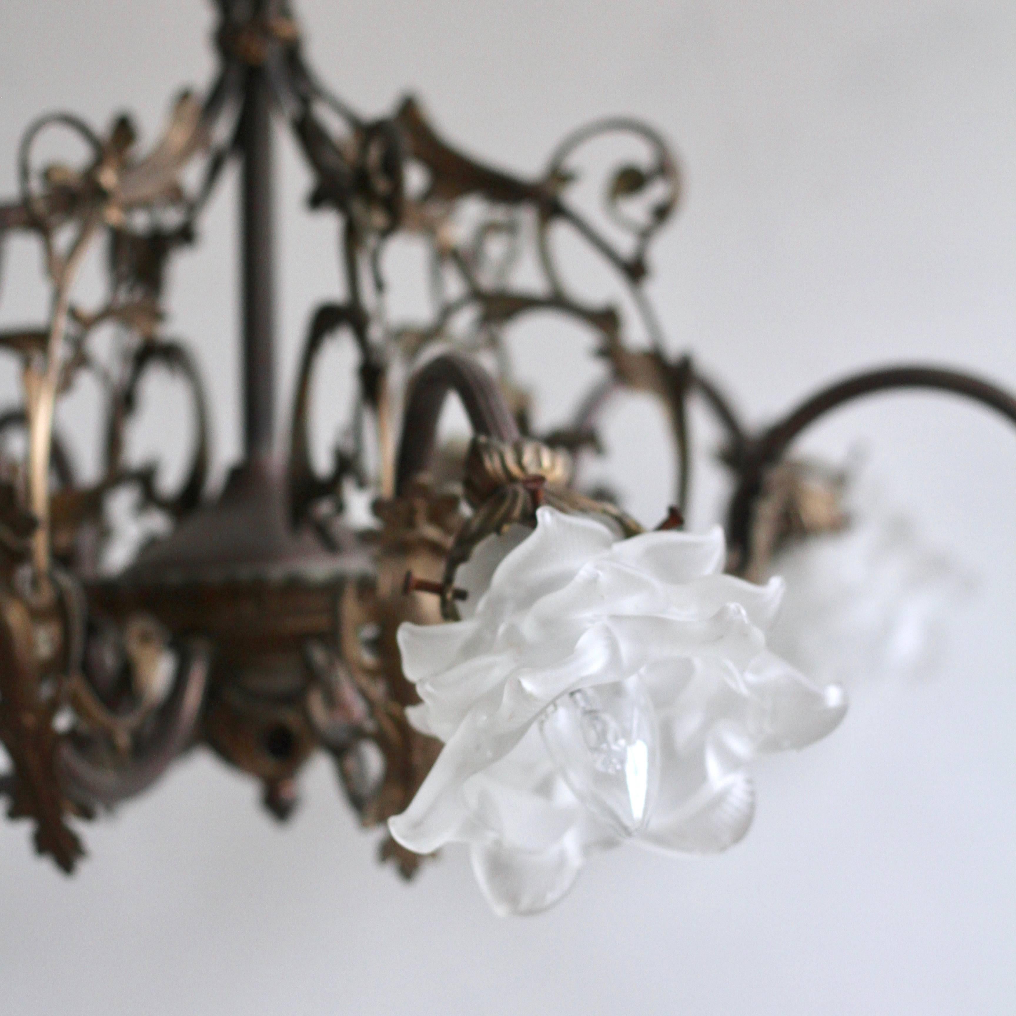 Cast 1920s Decorative Brass Downlighter Chandelier with Frosted Floral Shades