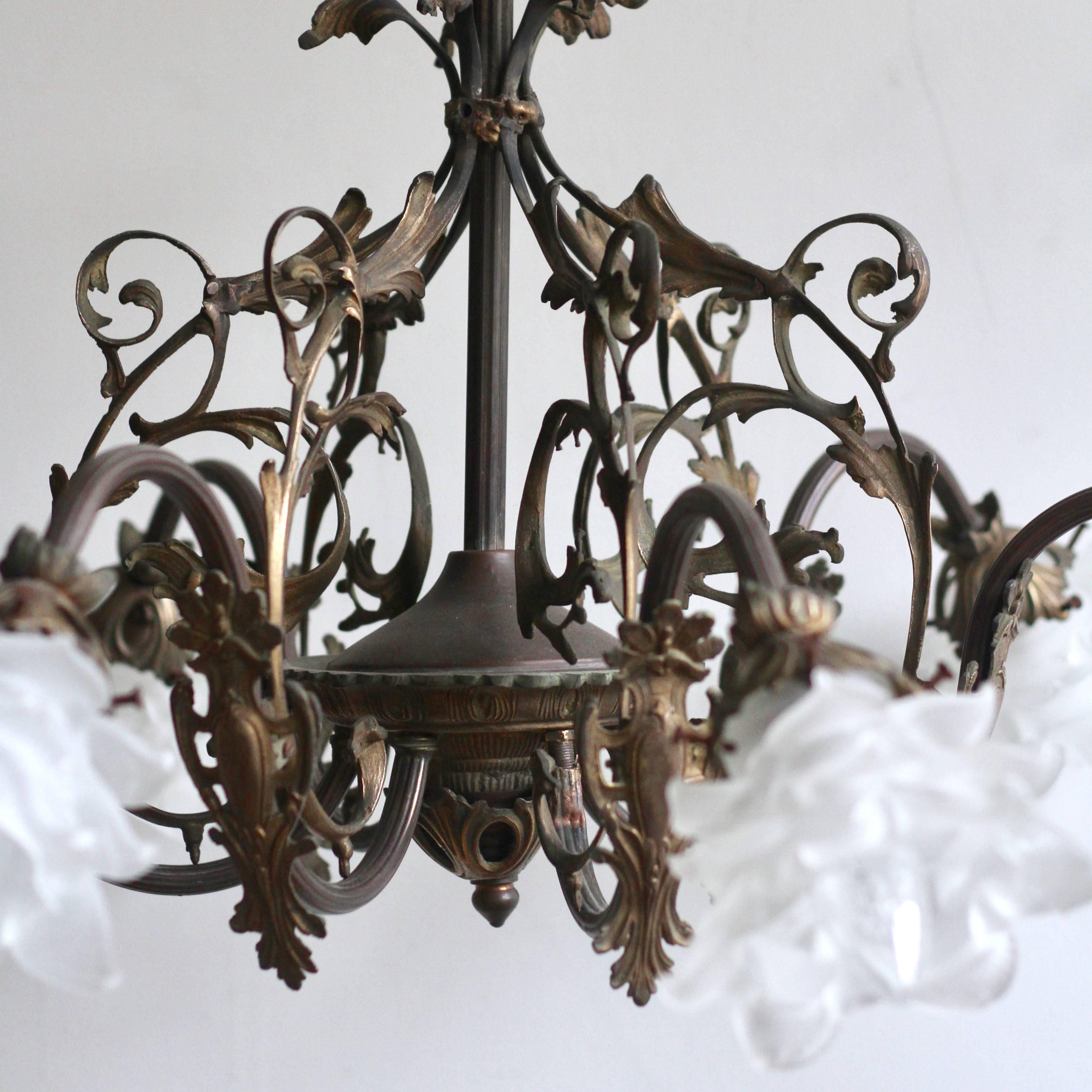 1920s Decorative Brass Downlighter Chandelier with Frosted Floral Shades In Good Condition In Stockport, GB