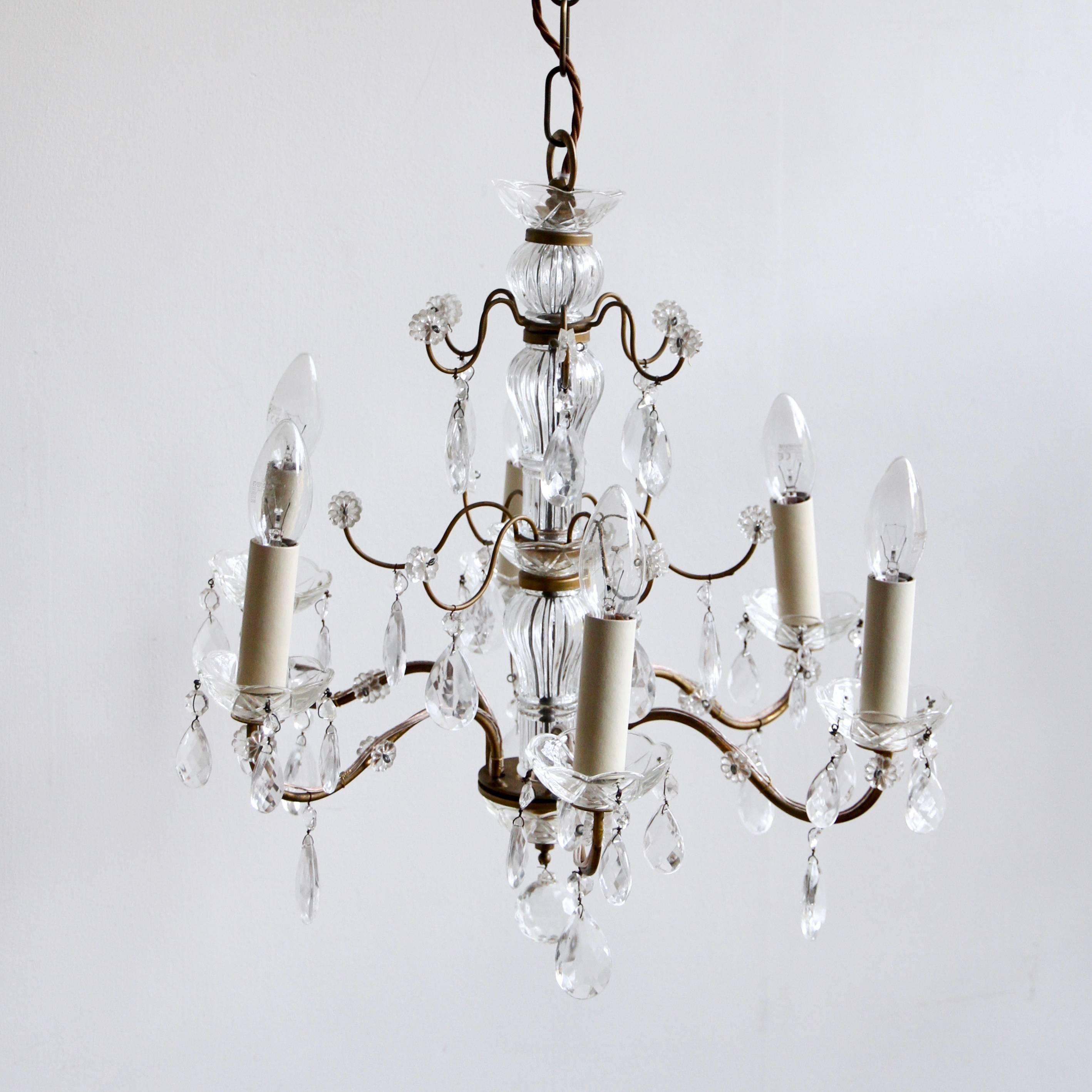 Delicate Pretty Glass and Brass 1930s French Chandeliers 1