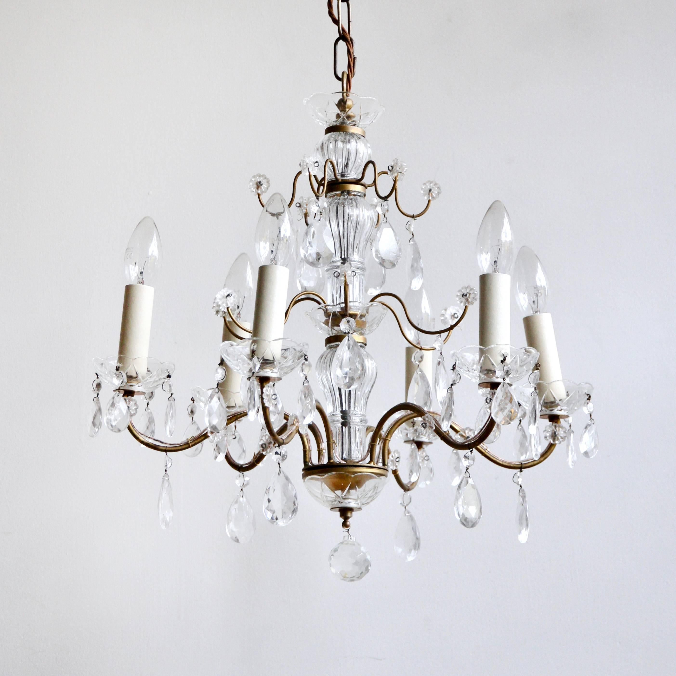 20th Century Delicate Pretty Glass and Brass 1930s French Chandeliers