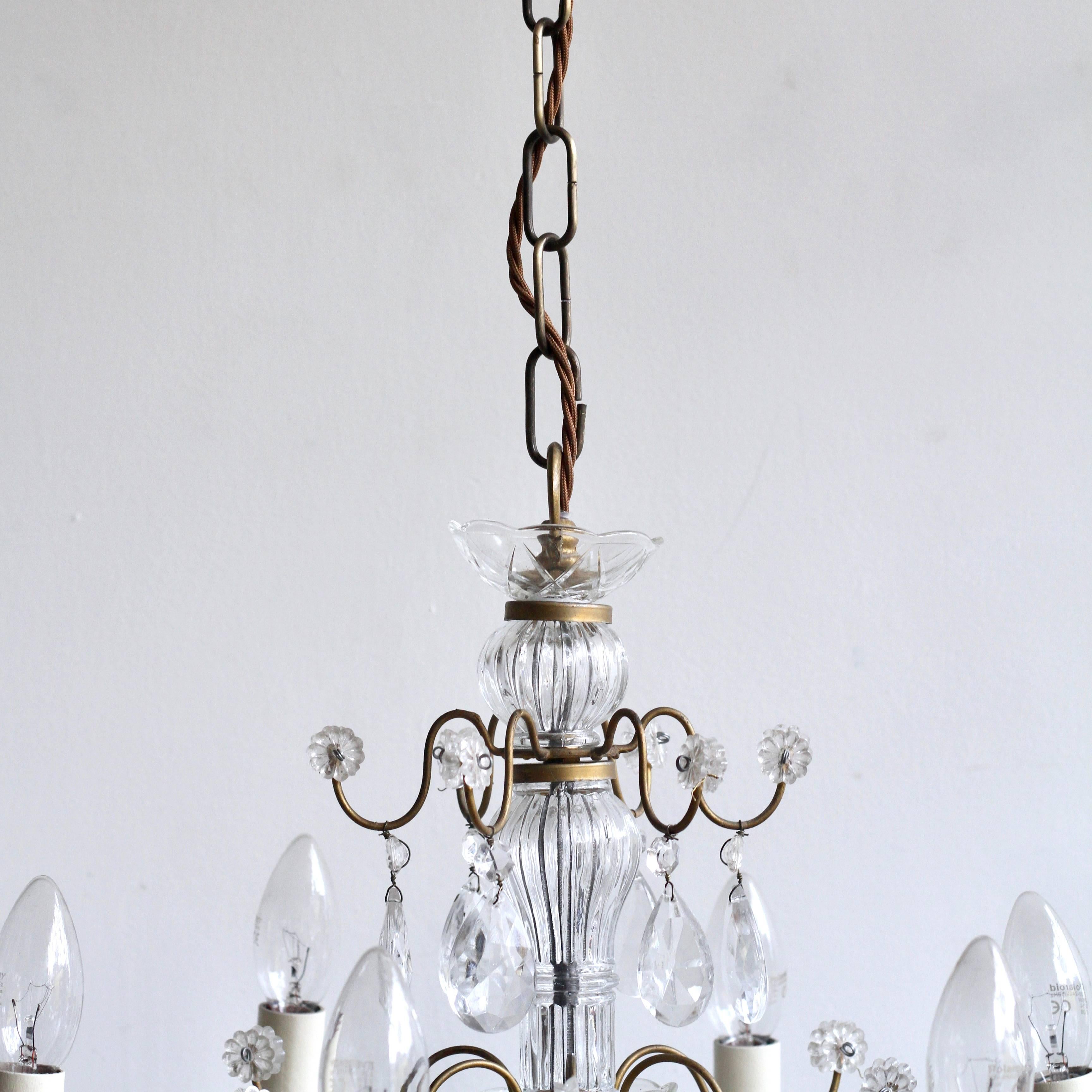 Delicate Pretty Glass and Brass 1930s French Chandeliers 3