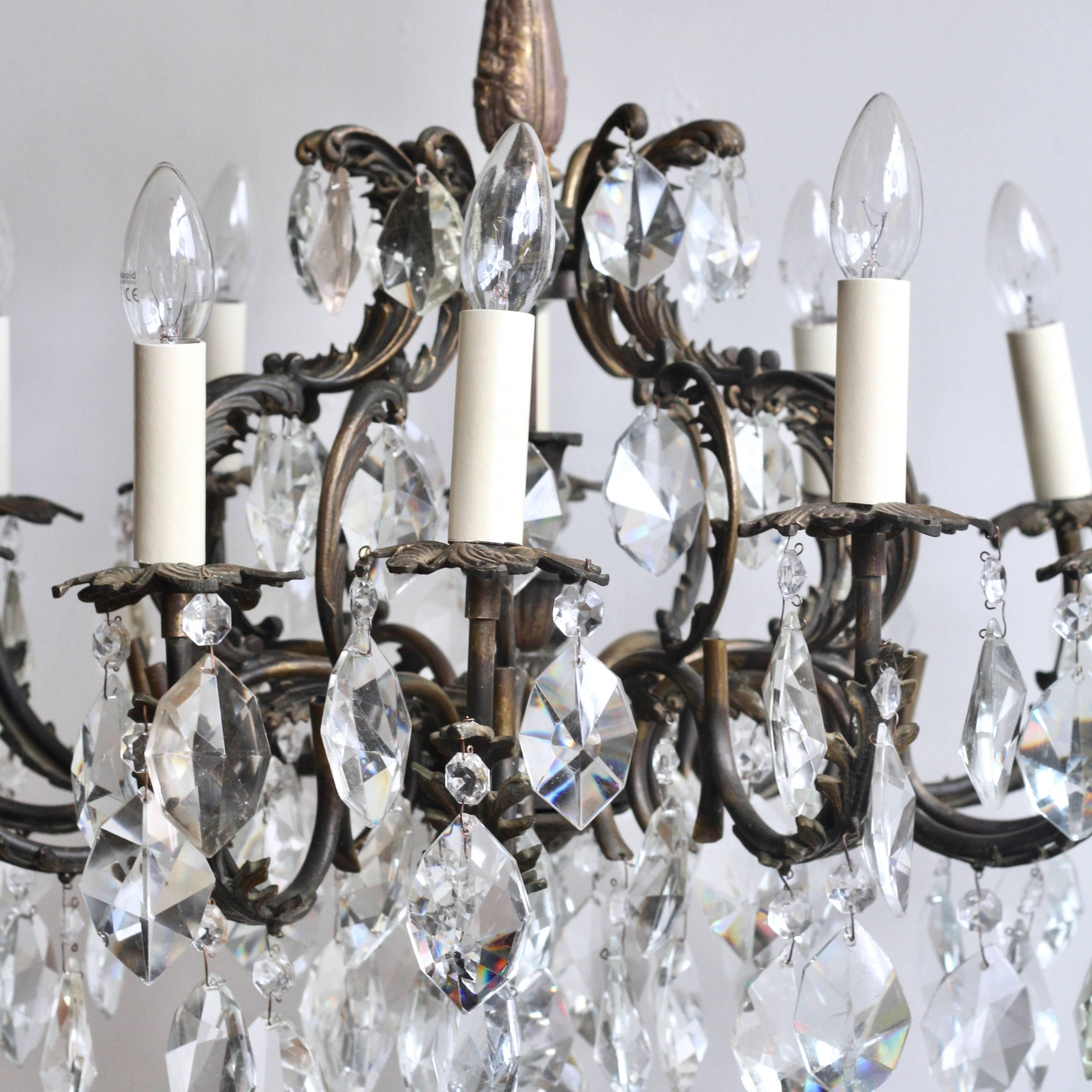 20th Century Early 1900s French Ornate Brass Chandelier with Cut-Crystal Iceberg Drops