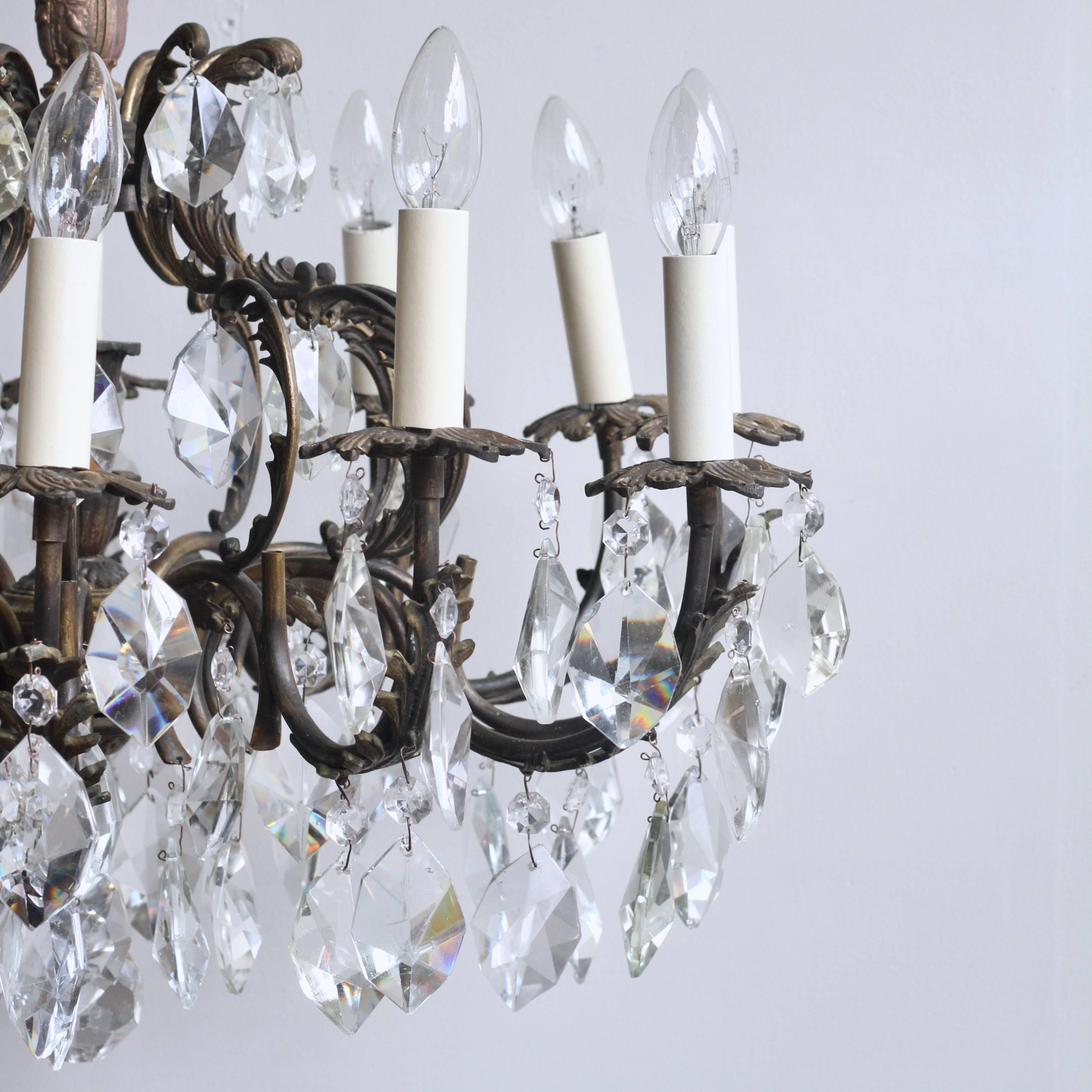 Early 1900s French Ornate Brass Chandelier with Cut-Crystal Iceberg Drops 1