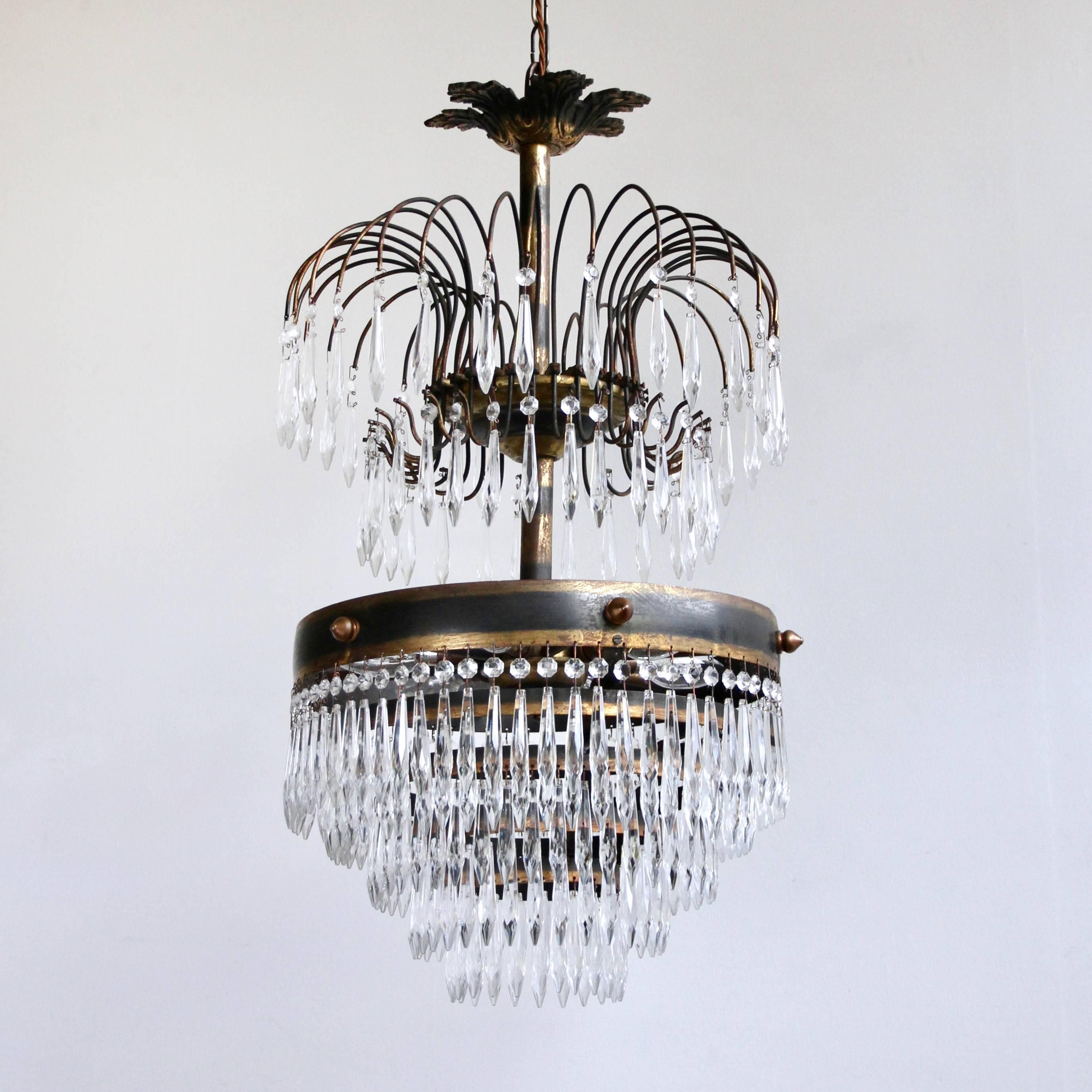 French Early 20th Century Waterfall Chandelier Dressed in Glass Icicle Drops