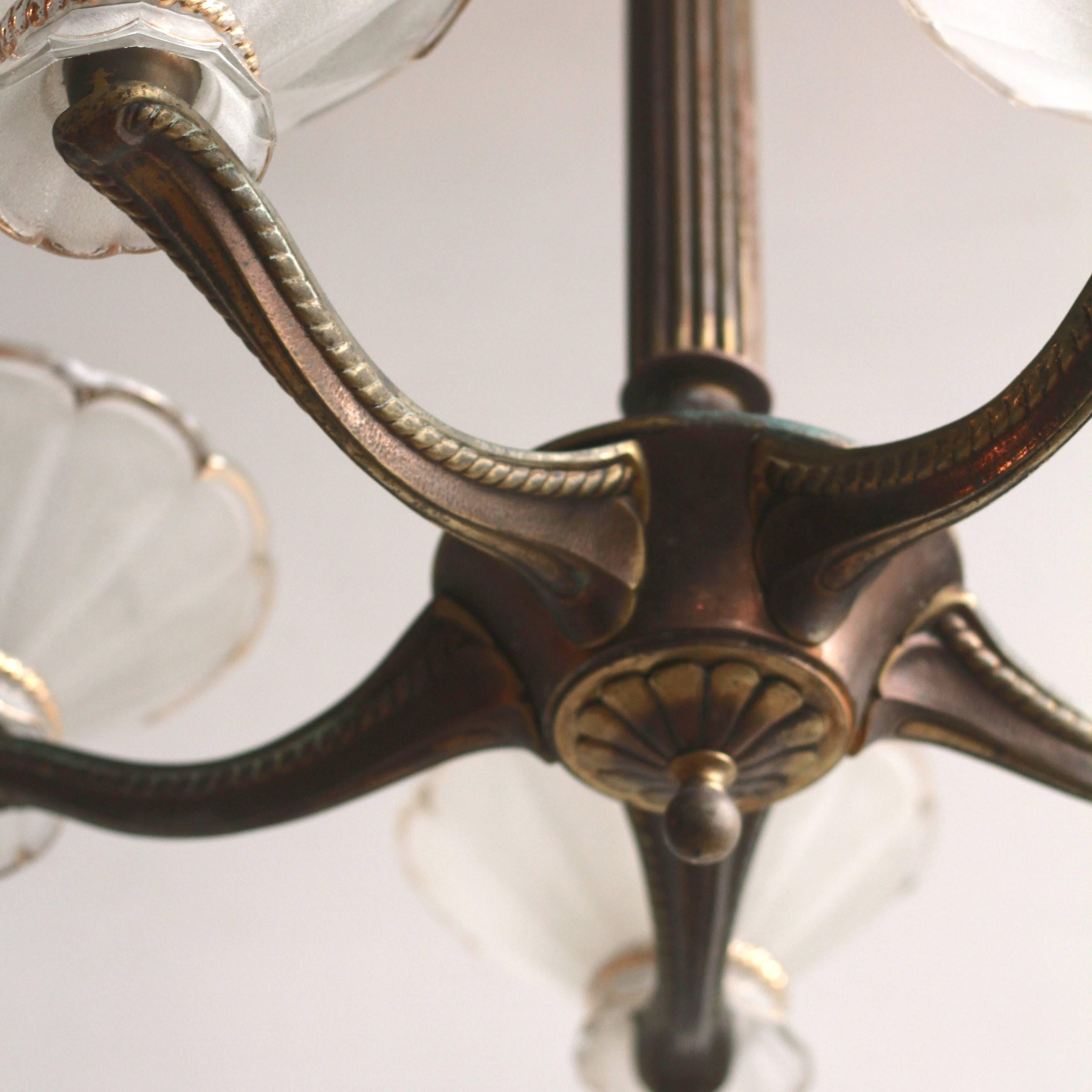 French 1940s Five Branch Brass Chandelier with Art Glass Shades In Fair Condition In Stockport, GB