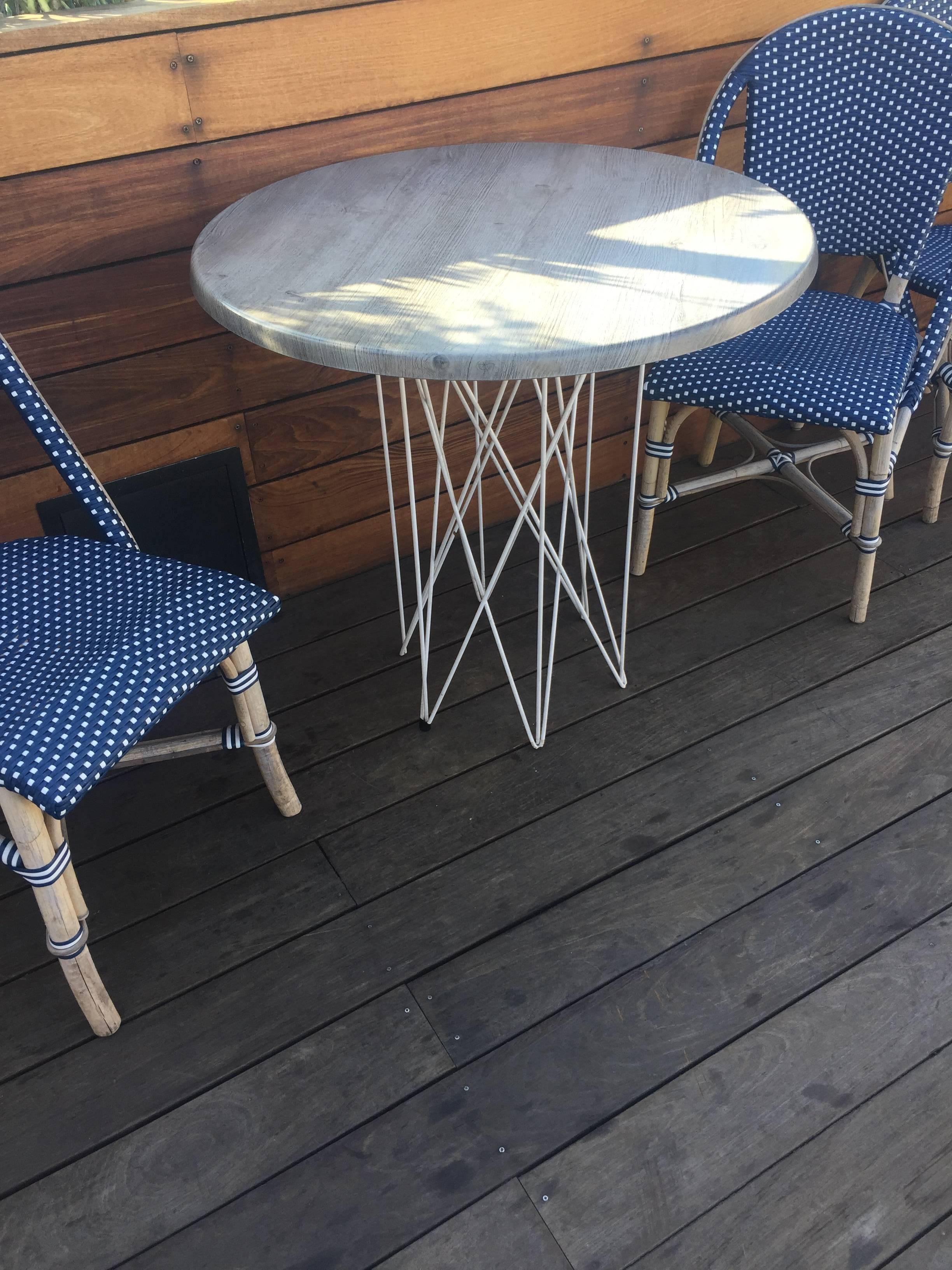 Outdoor Teak Dining or Entry Table Mid-Century Inspired Steel Powder Coated Base For Sale 1