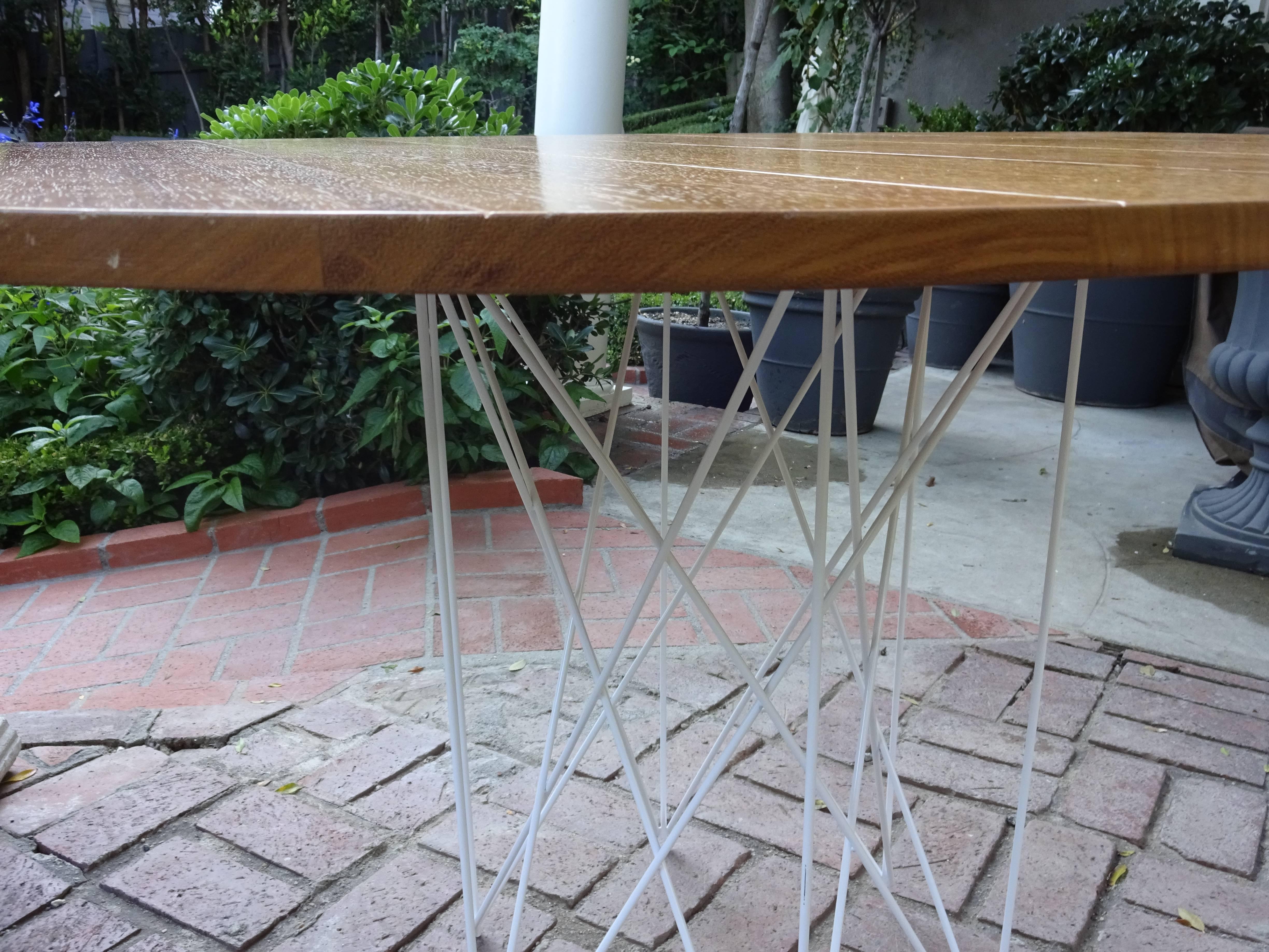 Powder-Coated Outdoor Teak Dining or Entry Table Mid-Century Inspired Steel Powder Coated Base For Sale