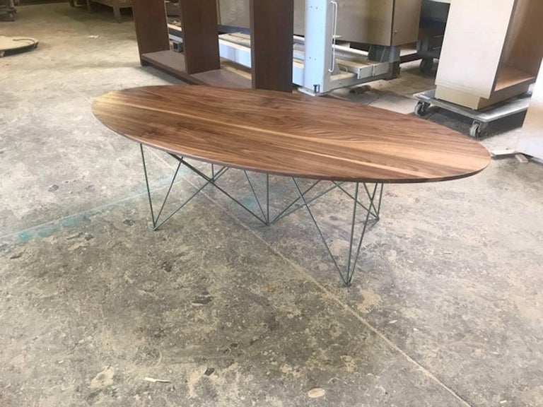 Mid-Century Modern Oval Walnut Dining Conference Midcentury Inspired Steel Powder Coated Table For Sale