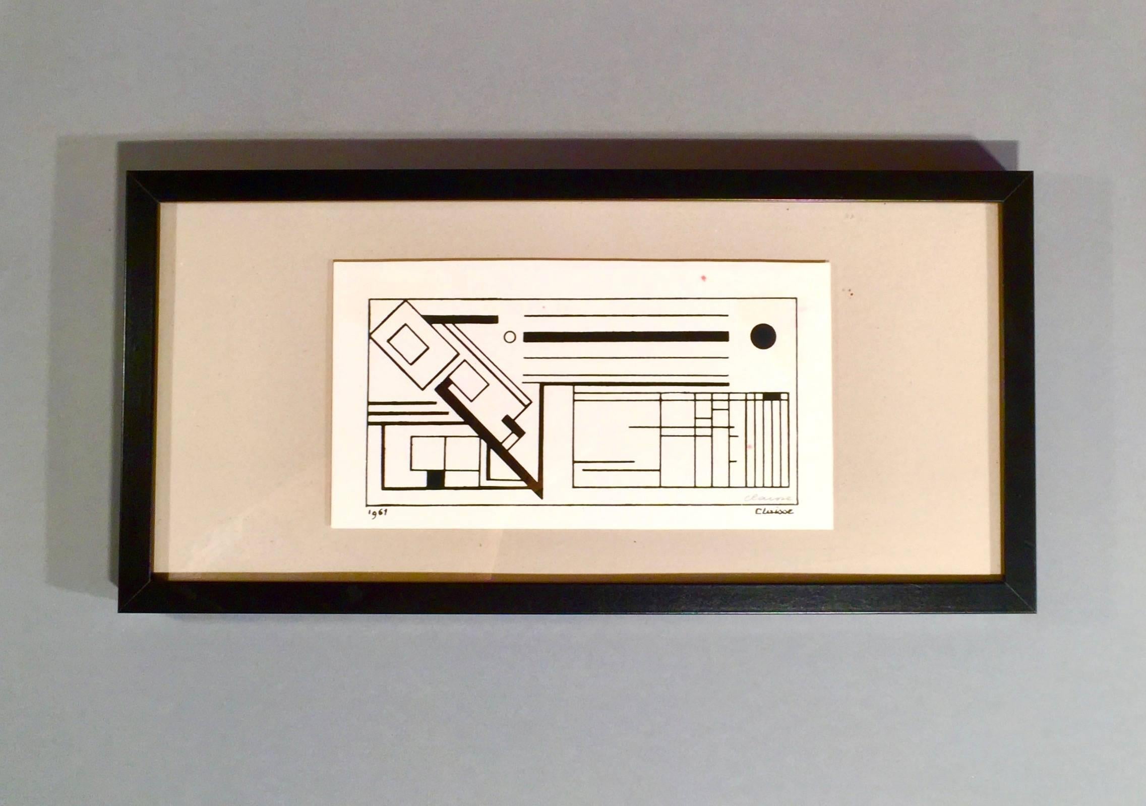 Unknown media (ink on paper-print or drawing), signed with pencil, measure: 15.5 x 29.6 cm, framed in a 50 x 23 cm frame. Two red ink dots (possibly from the artist), otherwise great condition.

Geneviève Claisse, born in 1935 in Quiévy, is a