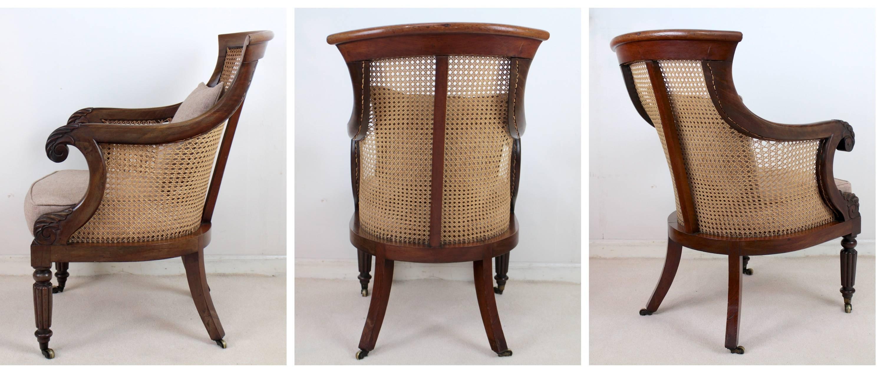 Regency Mahogany and Cane Filled English Library or Bergère Chair 1