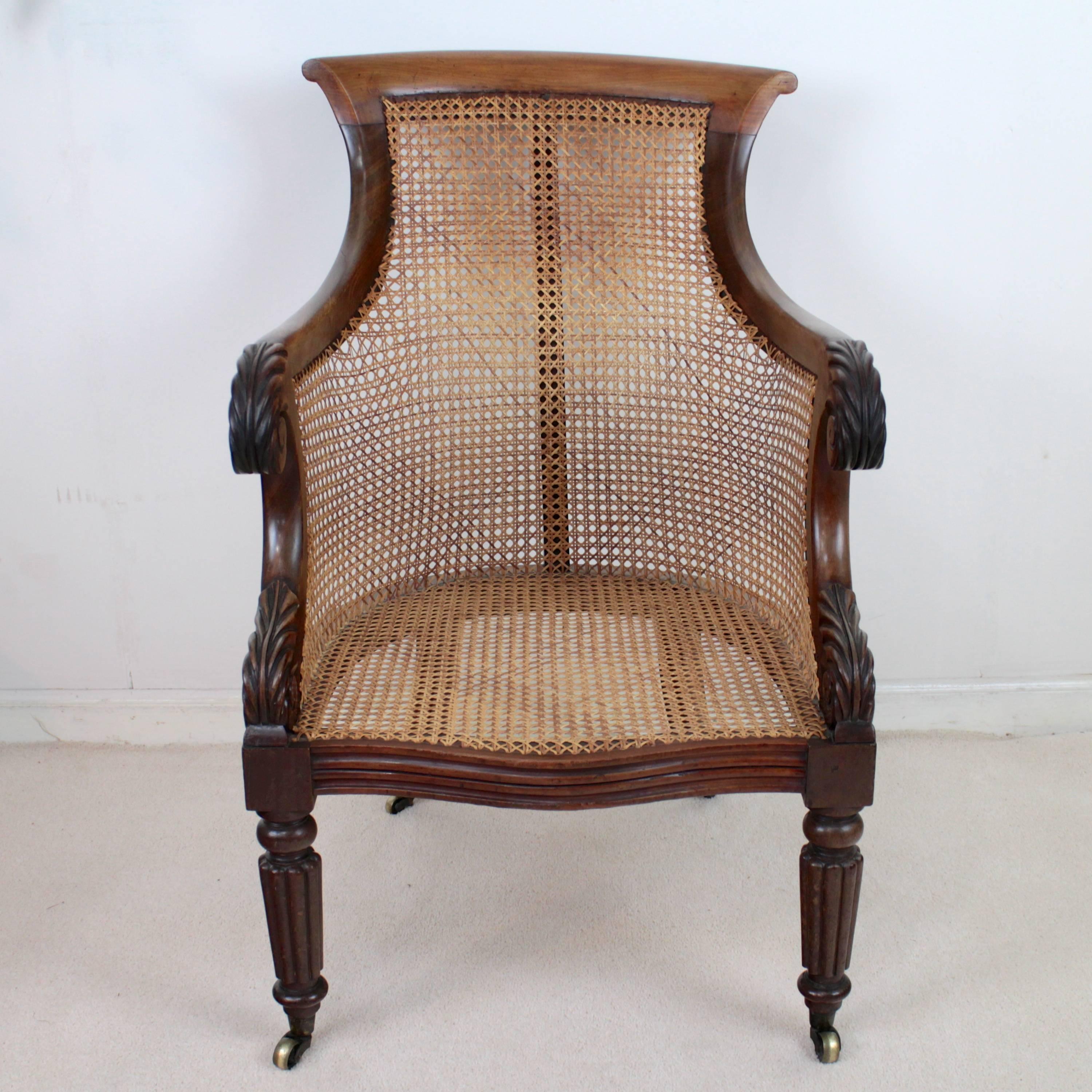 Brass Regency Mahogany and Cane Filled English Library or Bergère Chair