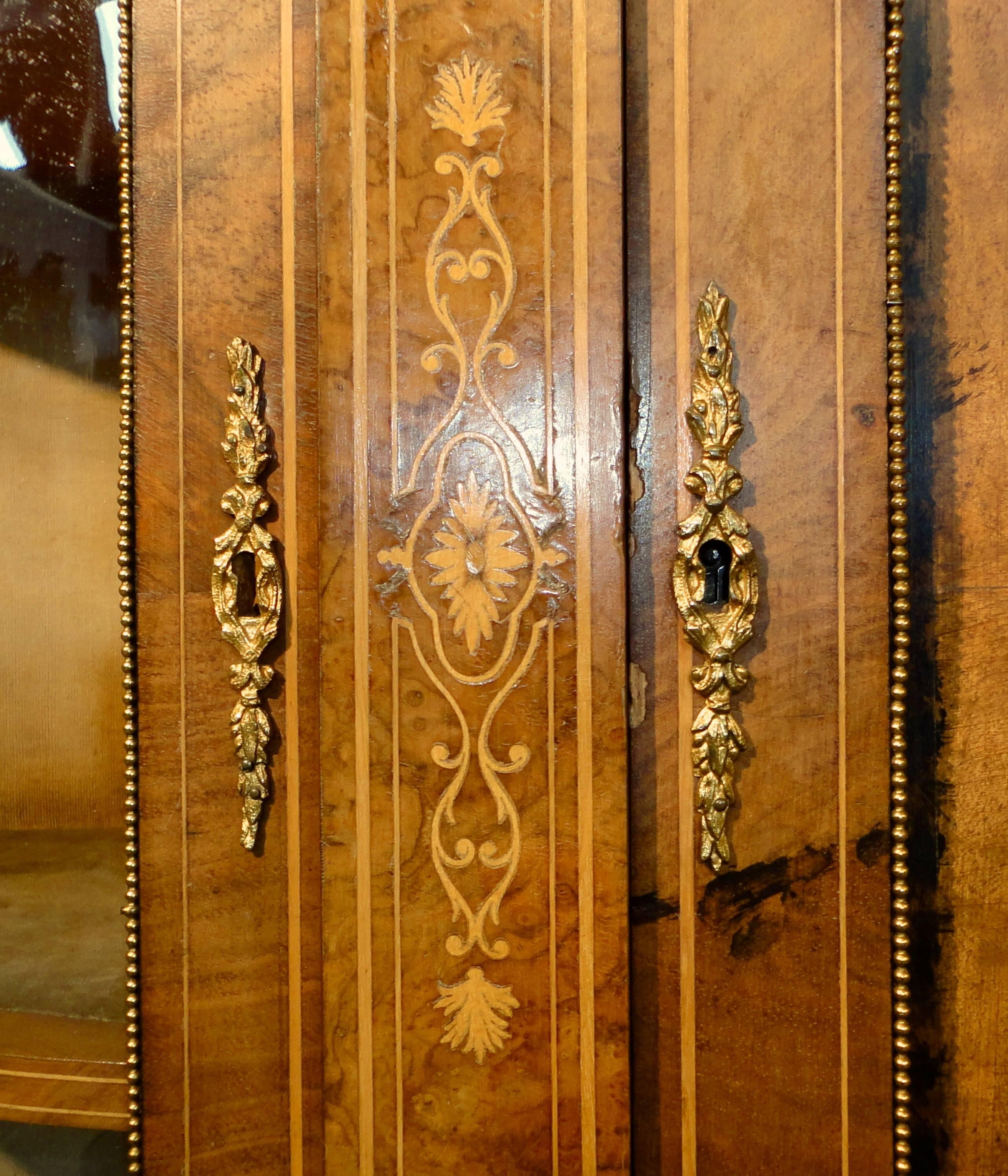 Gilt Victorian Burr Walnut and Marquetry Inlaid Credenza For Sale