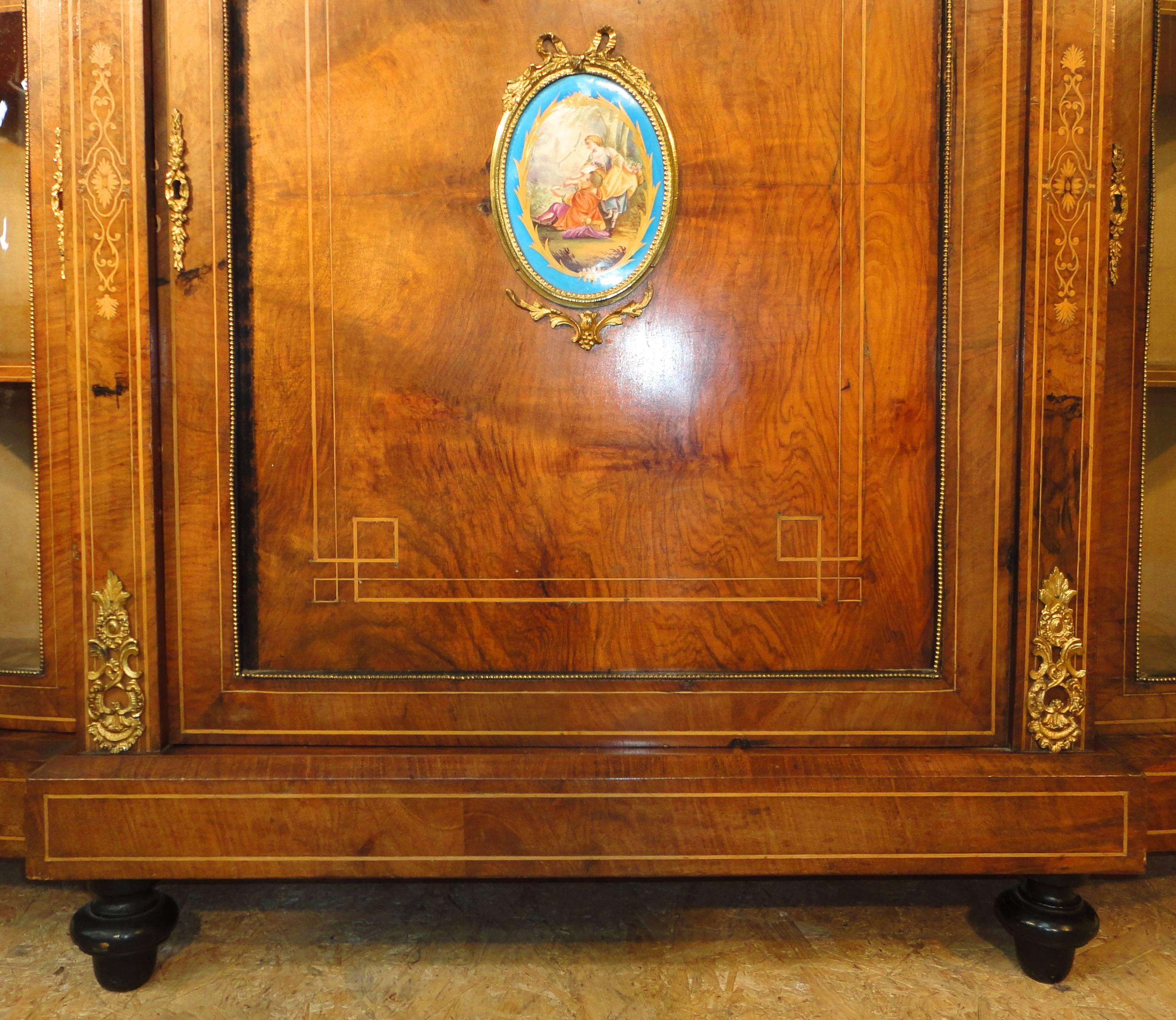 Glass Victorian Burr Walnut and Marquetry Inlaid Credenza For Sale