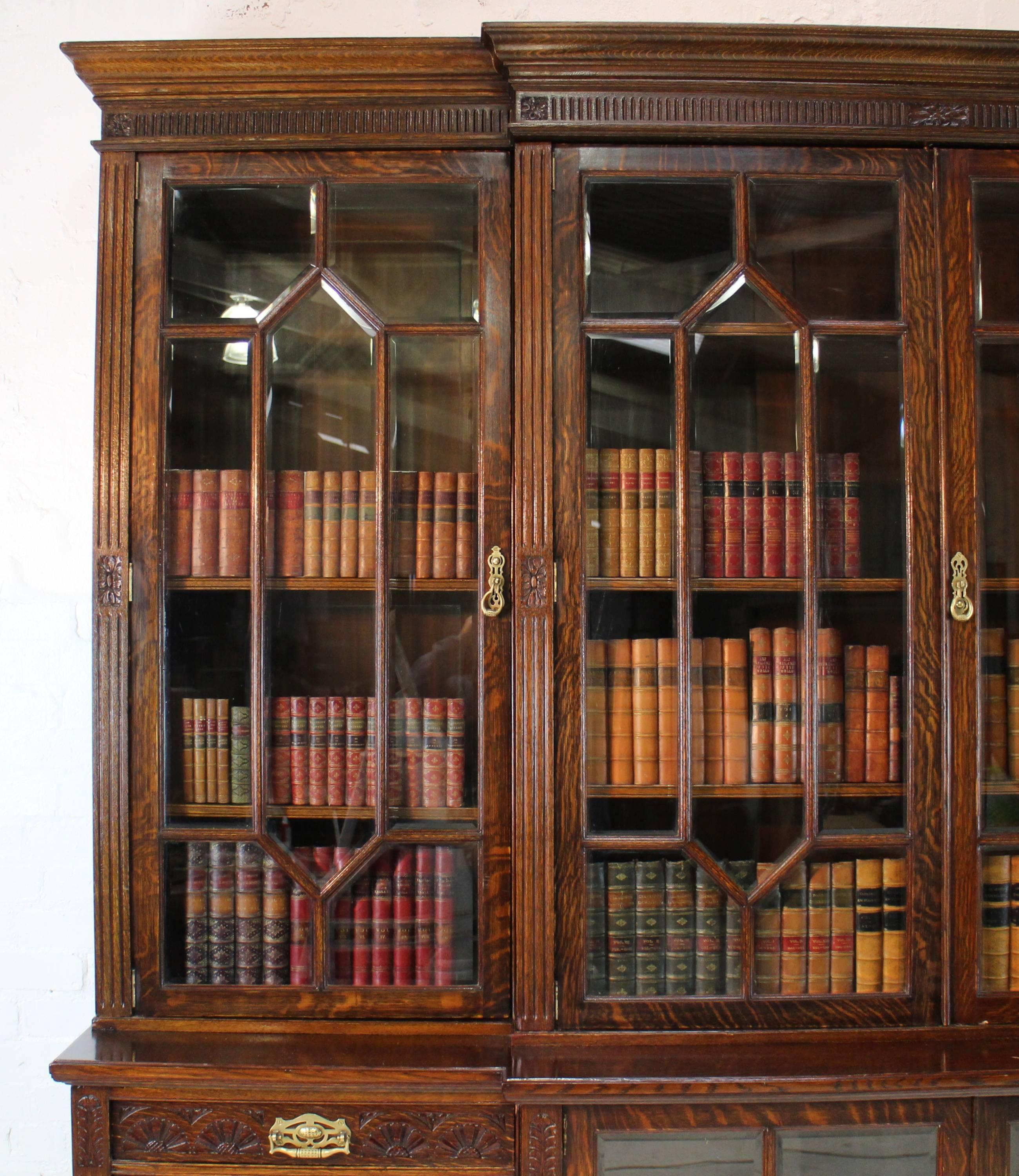 English Victorian Oak Breakfront Bookcase by Maple & Co