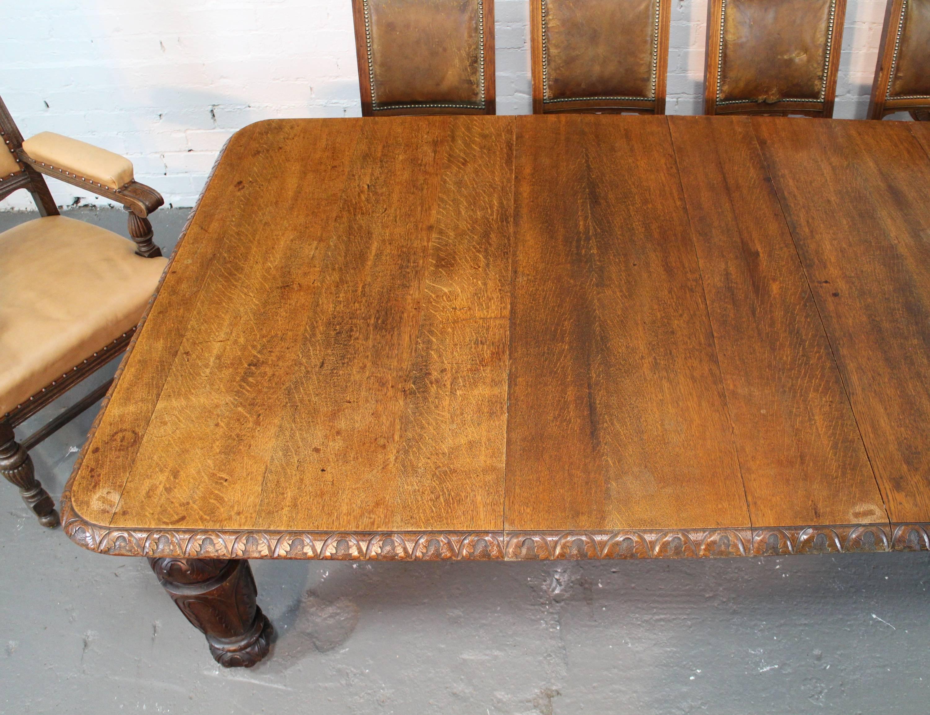 19th Century English Elizabethan Revival Carved Oak Extending Dining Table 1