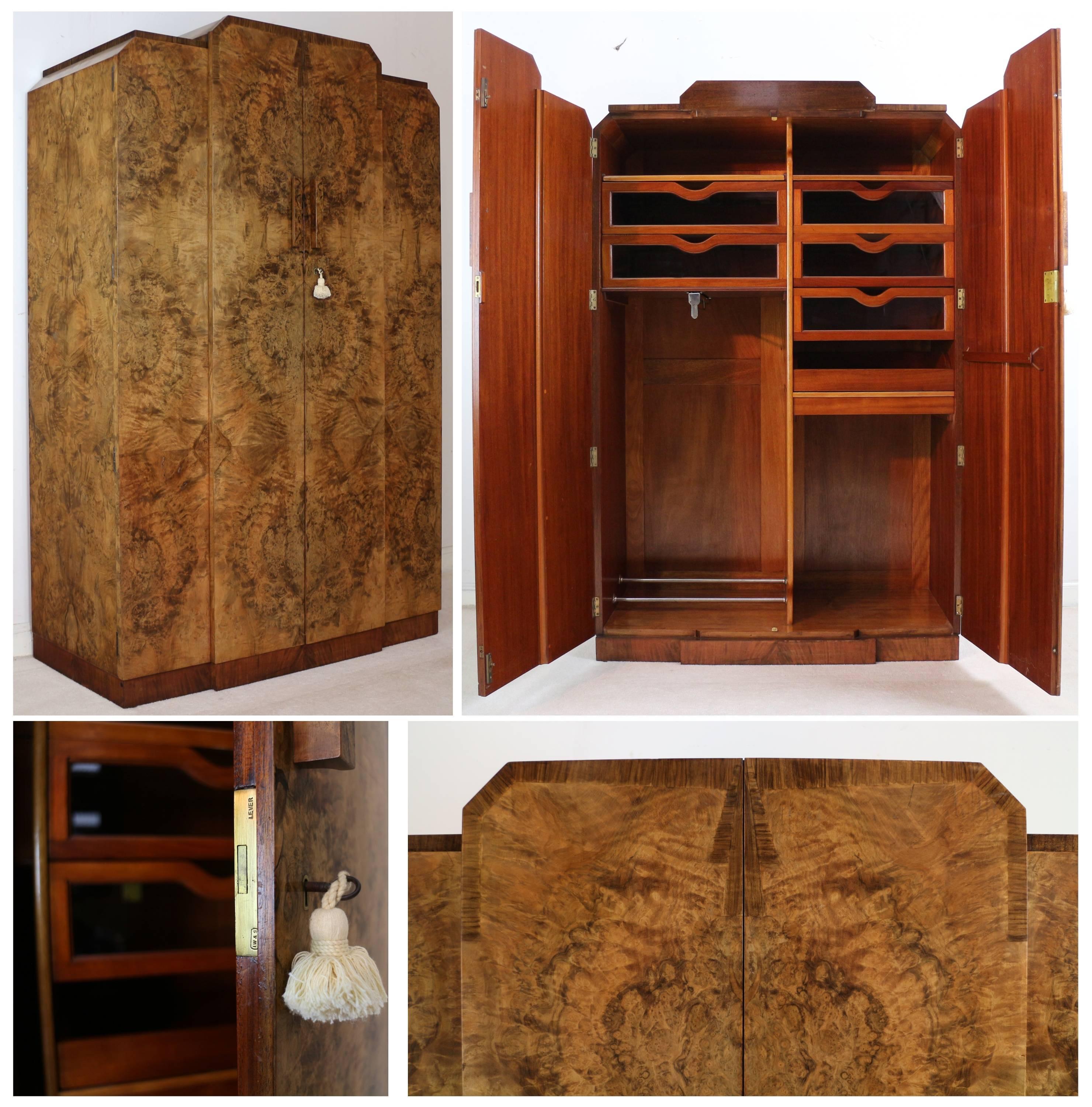Chrome English Art Deco Burr Walnut Bedroom Suite Attributed to H & L Epstein For Sale