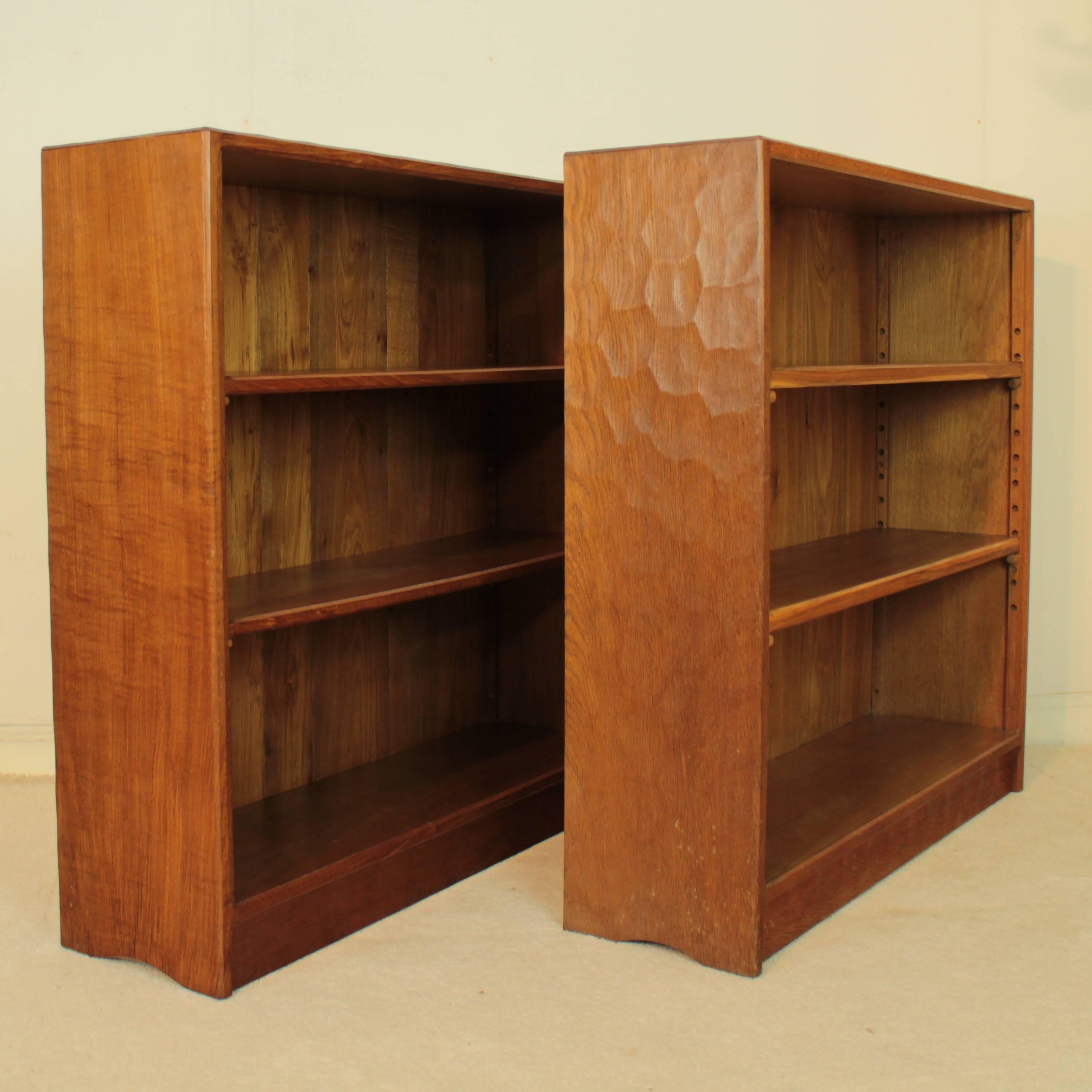 Arts and Crafts Alan 'Acornman' Grainger Pair of Arts & Crafts Adzed Oak Open Bookcases