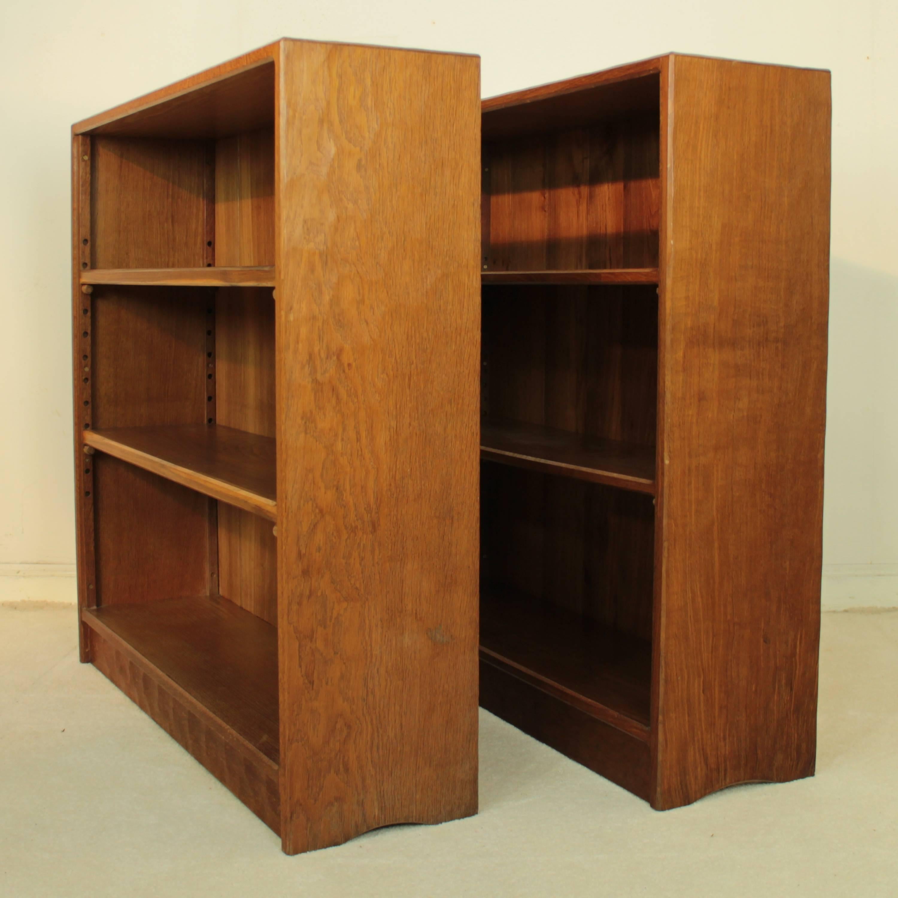 English Alan 'Acornman' Grainger Pair of Arts & Crafts Adzed Oak Open Bookcases