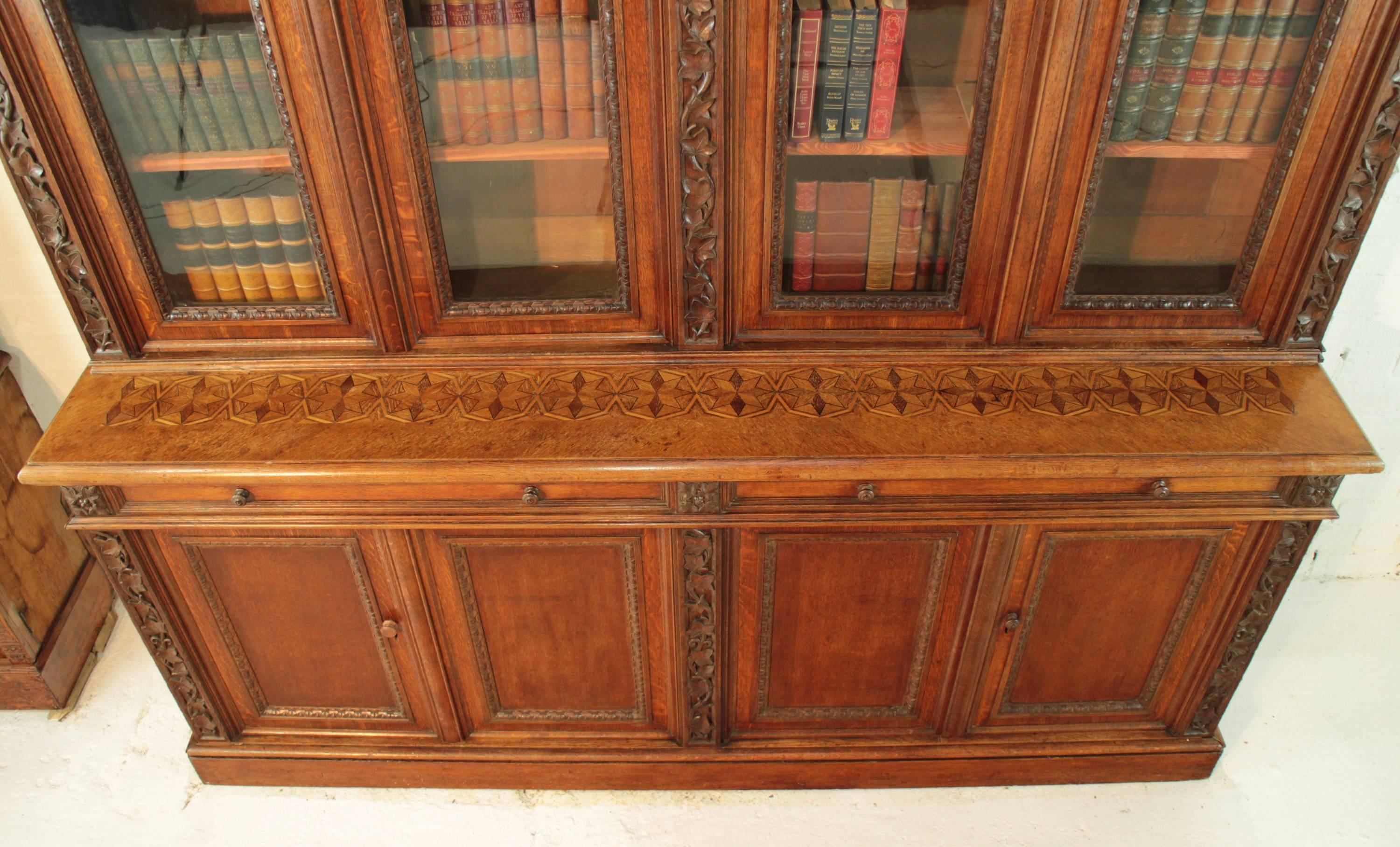 Victorian Ivy Leaf Carved Oak Library Bookcase, English, 19th Century 2